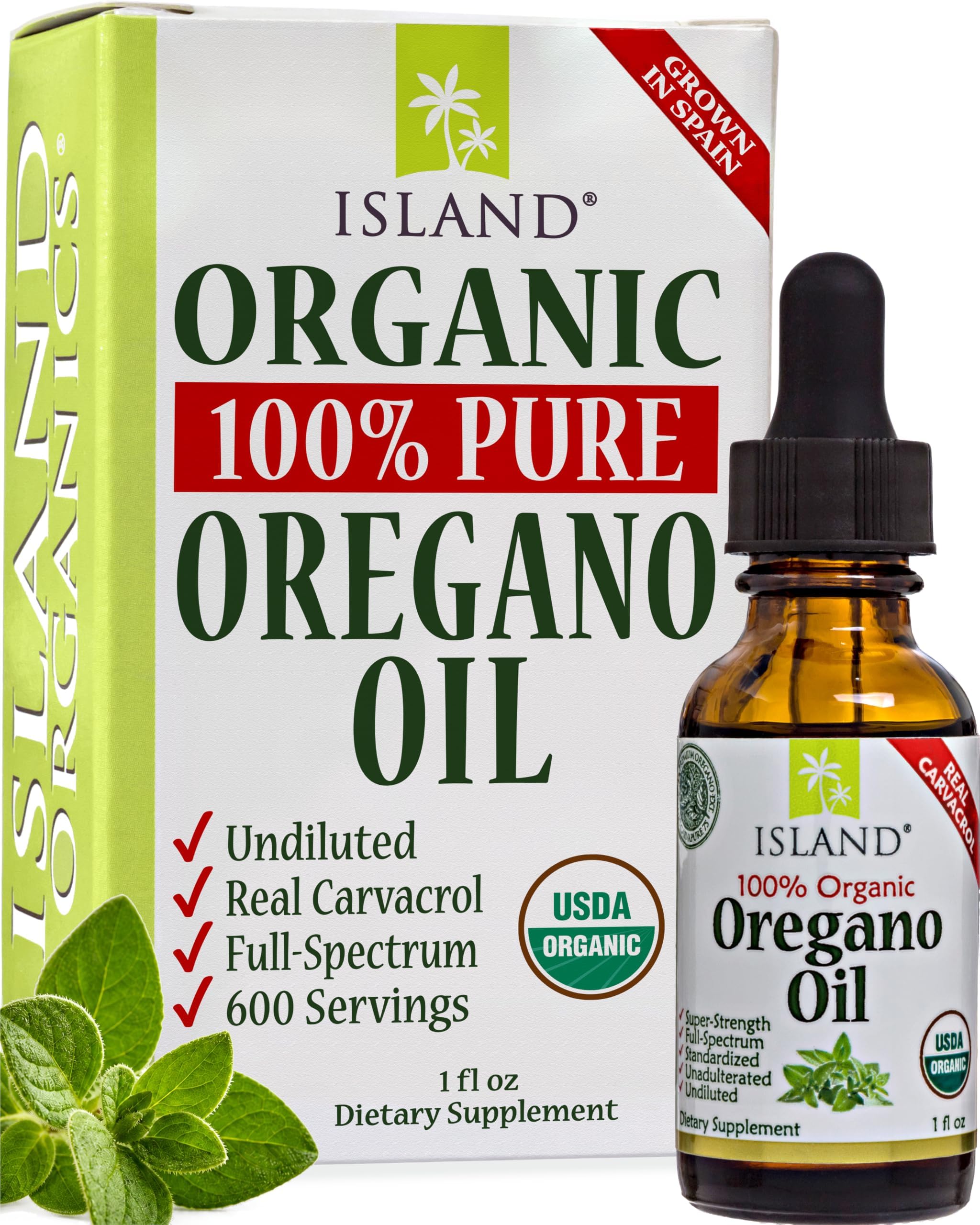 Oregano Oil Organic Drops, 100% Pure Undiluted Wild Oil of Oregano Extract | Grown & Extracted in Spain, Real Carvacrol (No Synthetics), Food Grade 1 oz, USDA-Certified Organic, by Island Nutrition