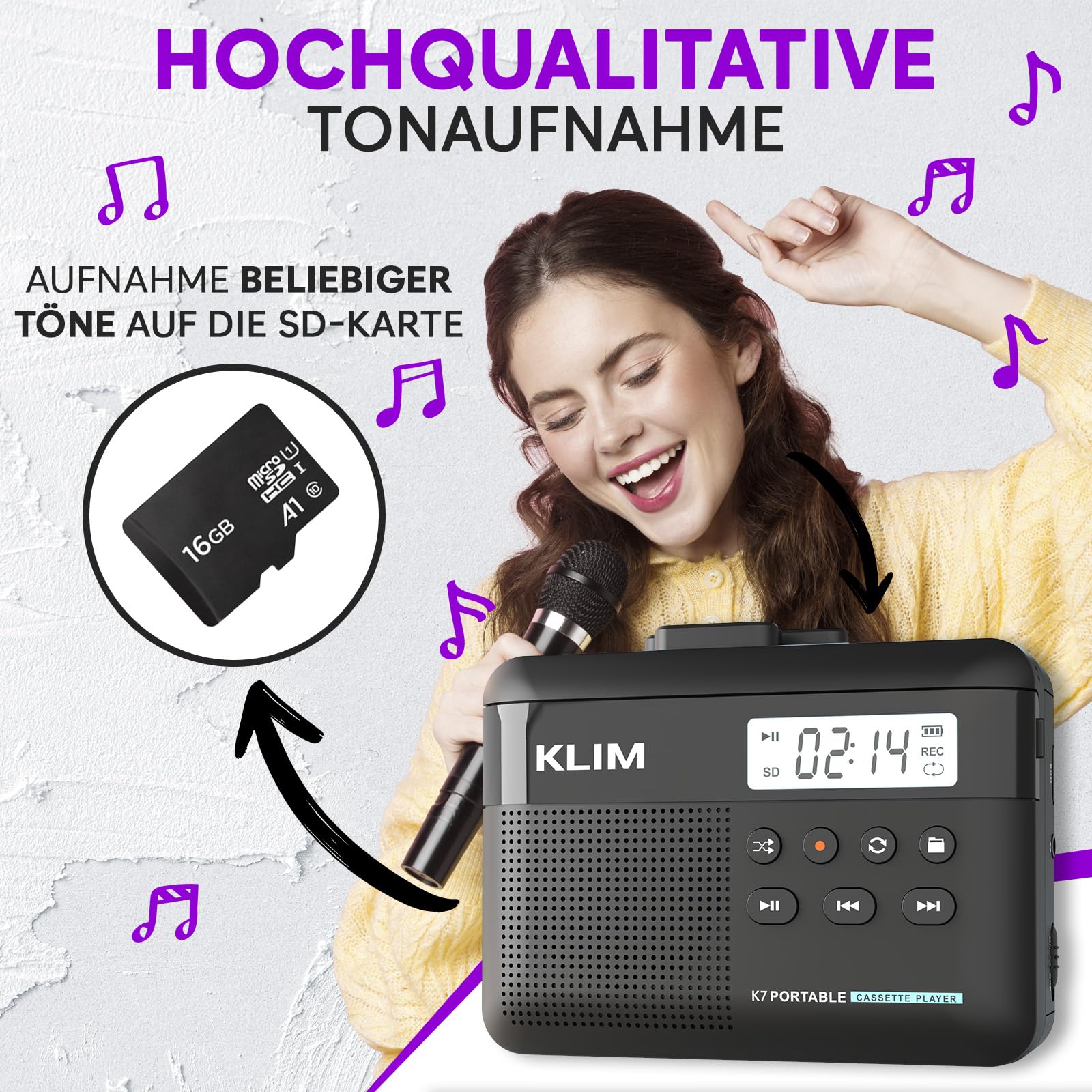 Kassettenspieler mit F1-Ohrhörern - Cassette Player - Kassetten Digitalisieren - Tragbarer Kassettenrekorder - Mikrofon & Lautsprecher - Wiederaufladbarer Akku - 16GB SD-Karte - Schwarz