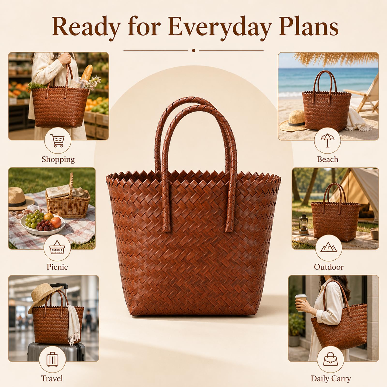 Panier de plages d'été,Grand Panier de Voyage Sac en Paille,Sacs à Main en rotin for Femmes,Sac Cabas en rotin Fait Main,Léger,pour Les Vacances,Les Voyages,la plages