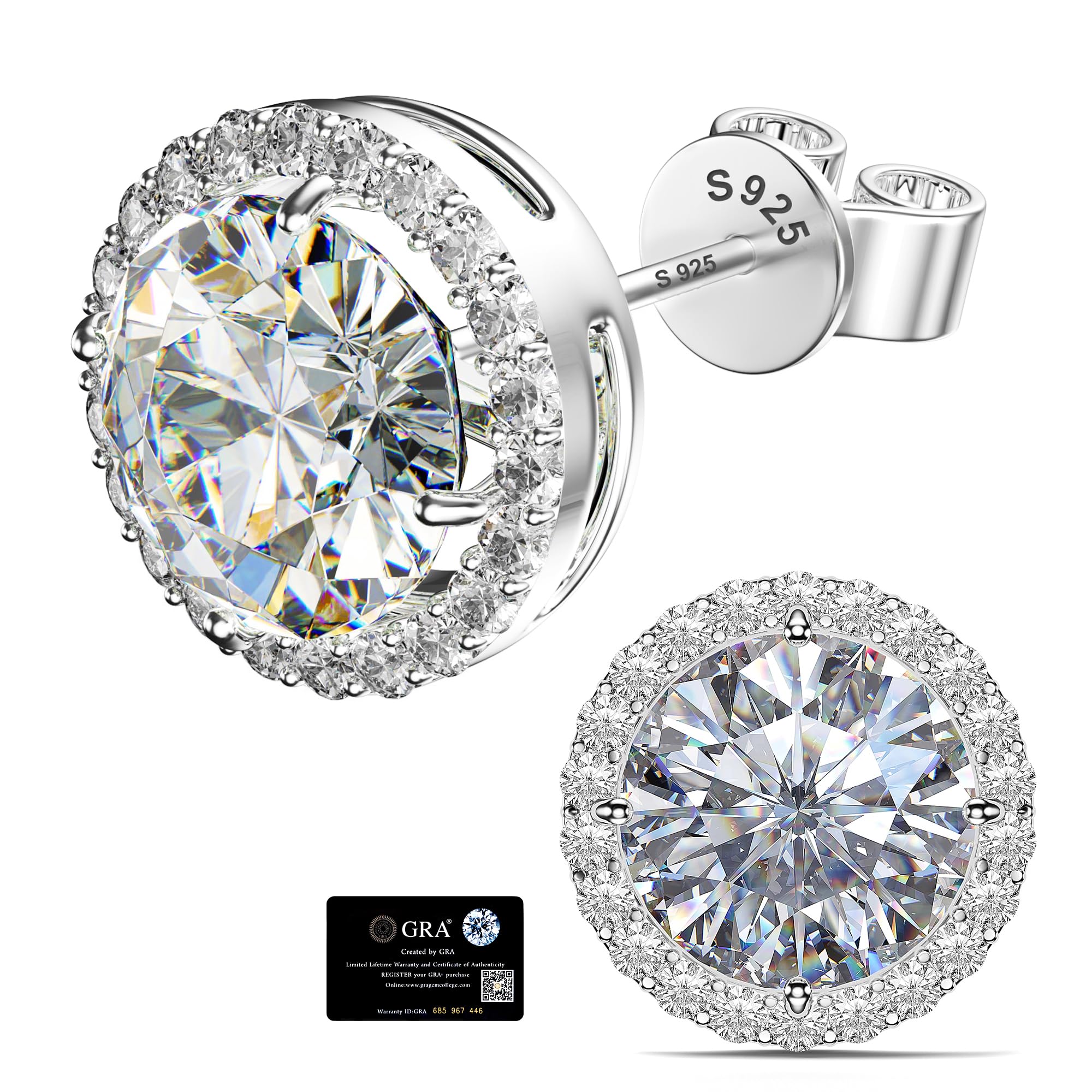 Moissanite Halo Earrings Studs : 1CT-4CT 18K White Gold Plated S925 Sterling Silver Stud Earrings for Women Men Hypoallergenic Dainty Moissanite Jewelry for Sensitive Ear D Color Round Cut VVS1