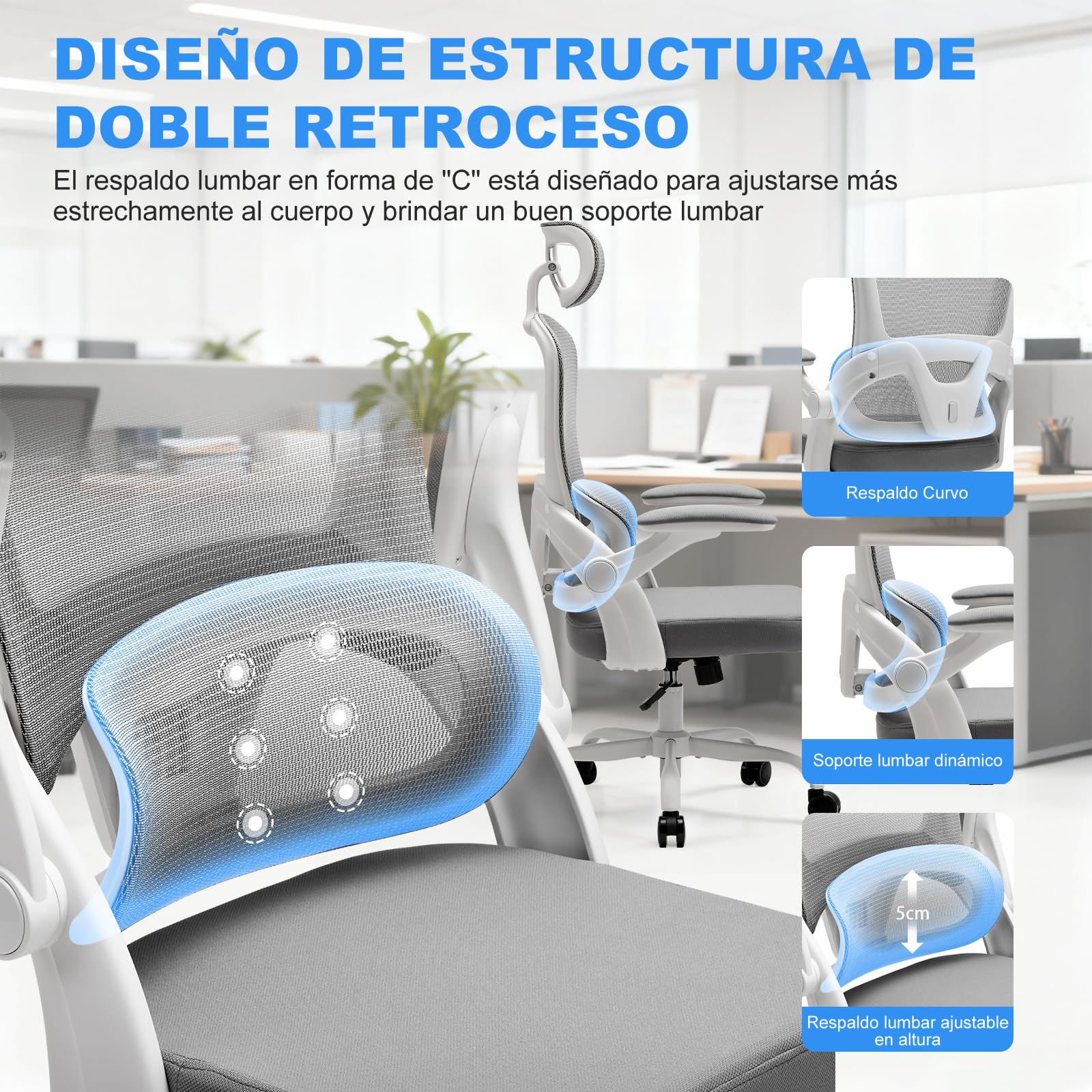 Magic Life Silla de Oficina ergonómica con cojín elástico, Respaldo de Malla Transpirable, reposabrazos Plegables, Soporte Lumbar, Altura Ajustable, Silla de Escritorio para Oficina y hogar