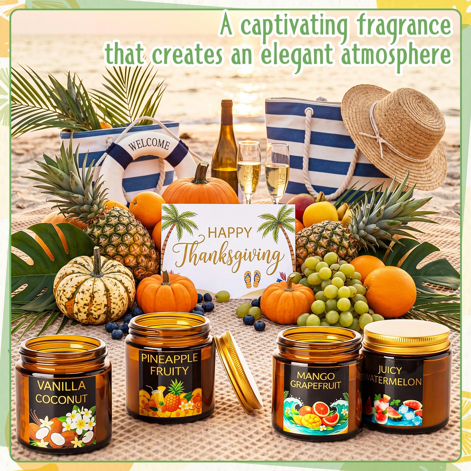 Conelist Juego de 12 velas perfumadas de cera de soja fructífera para el hogar, 3.5 onzas, 180 horas de combustión, regalo para hombres y mujeres, aroma de coco vainilla, piña, salvia de sal marina