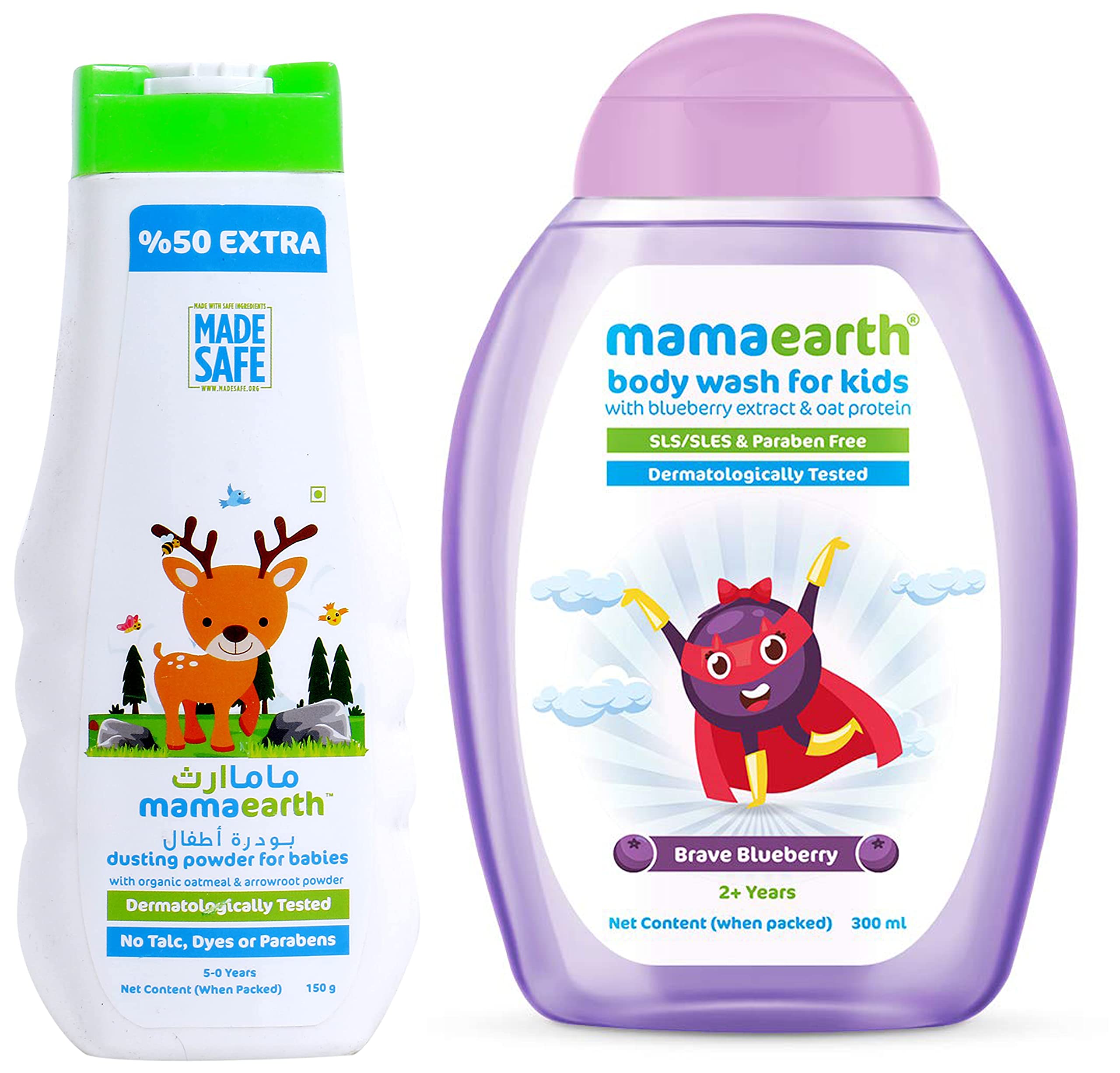 Mamaearth dusting powder with organic oatmeal & arrowroot powder 150g & Brave Blueberry Body Wash For Kids with Blueberry Oat Protein 300 ml, 1 count