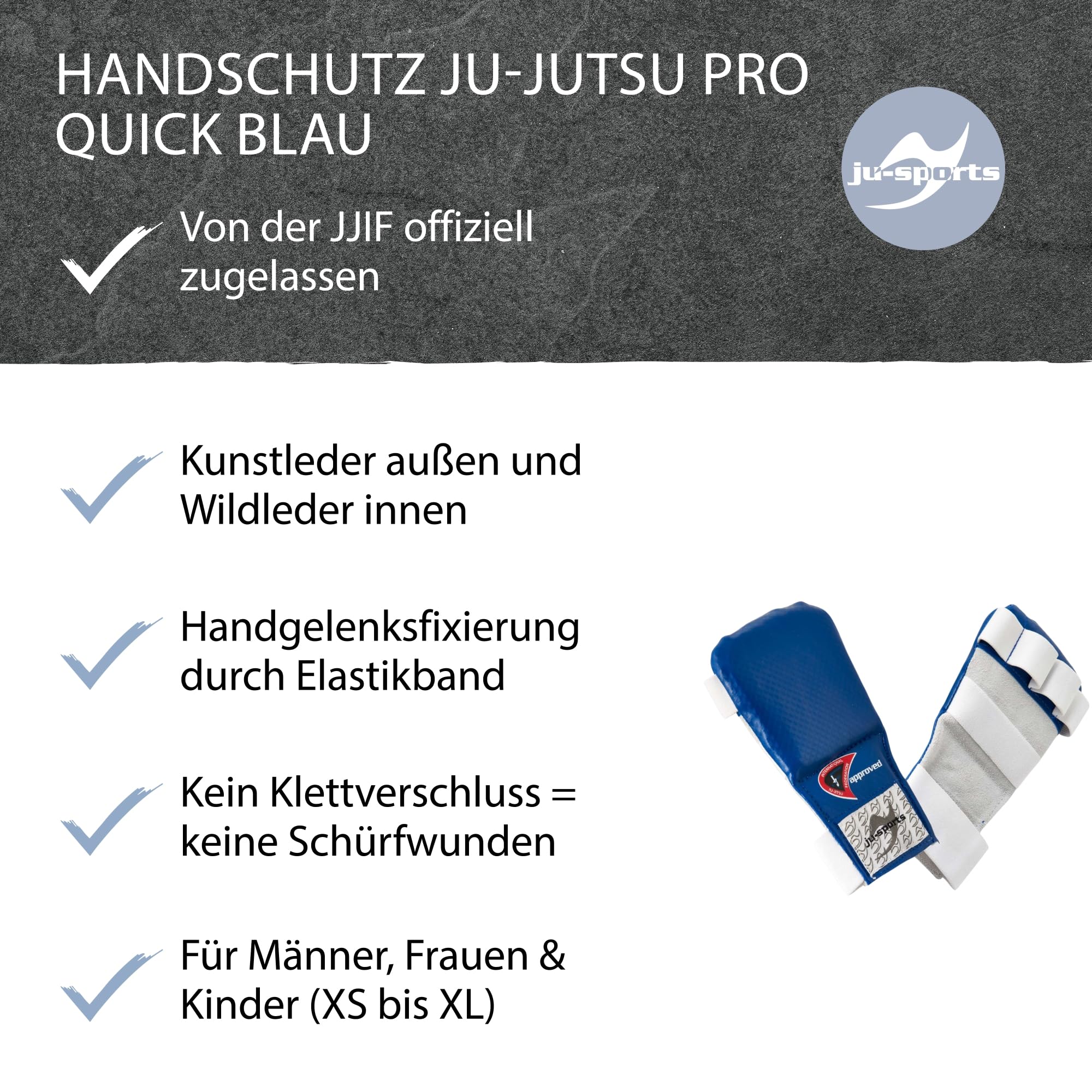Ju-Sports Handschutz Ju Jutsu Pro Quick - blau, PU & Leder I Hochwertiger Wettkampf Handschoner für Kampfsport mit Elastikschlaufe I Für Damen, Herren, Jugendliche & Kinder I Größe S