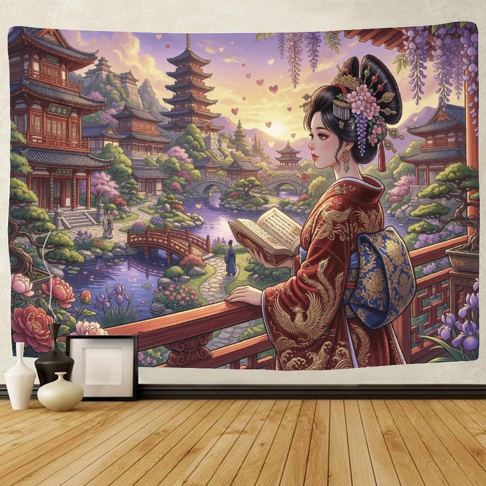 GPMNBCXZK Japanese Geisha 3D Printed Wall Art Bedroom Decor Traditional Garden Living Room Tapestry 70cmx100cm