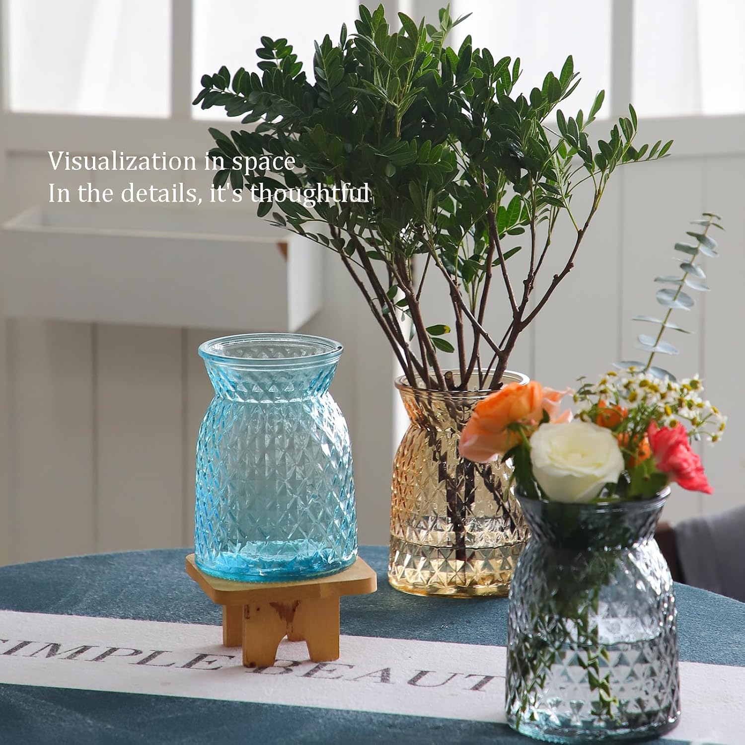 OFFIDIX Glass Vase,6.2 * 3.5in Large Mouth Shape Geometric Faceted Design Flower Vase for Weddings,Events,Decorating,Office,Home Decor