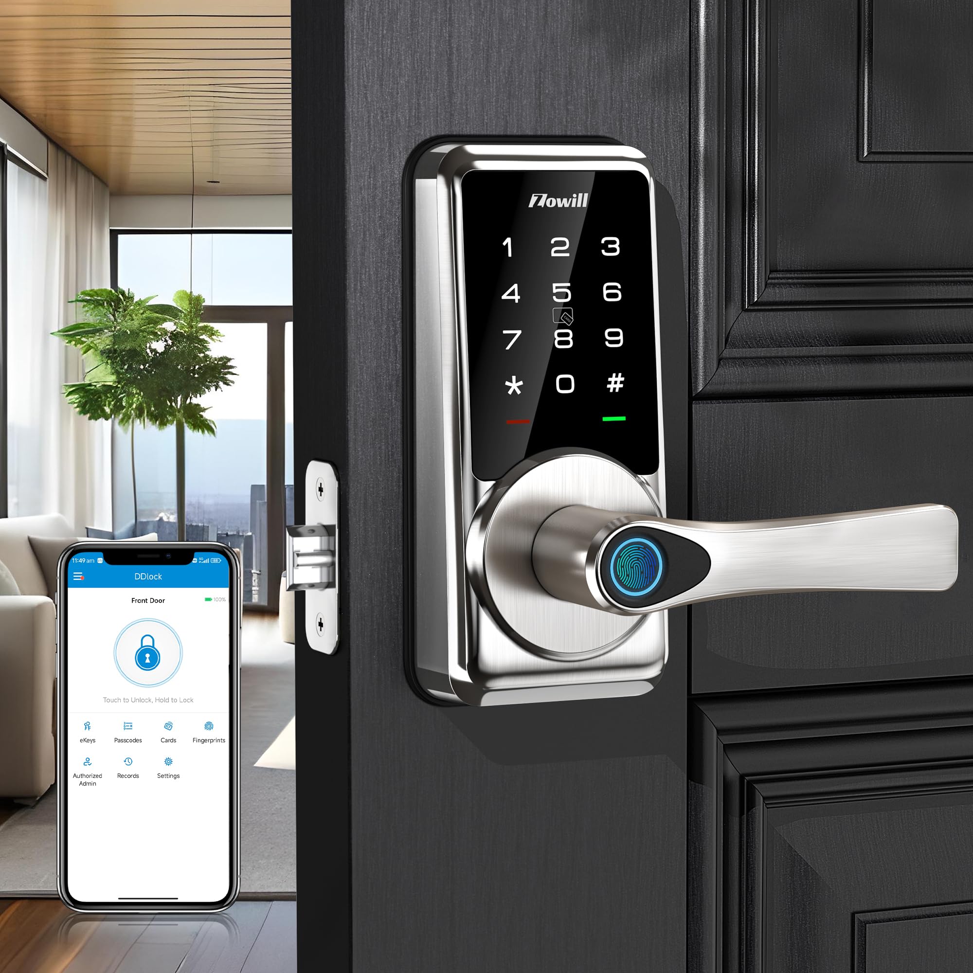 Zowill Smart Door Lock, Keyless Entry Door Lock with Handle, 7-in-1 Fingerprint Deadbolt with App Control, Biometric, Auto Lock, Easy Installation