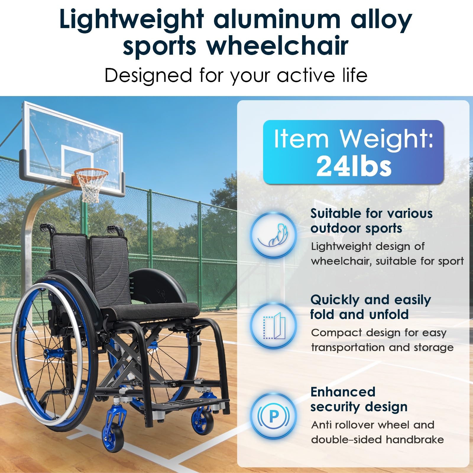 Silla de ruedas manual ligera, silla de ruedas deportiva ultraligera portátil todo terreno, silla de ruedas plegable, sillas de ruedas de transporte con antivuelco(Blue A,40cm/15.7in)
