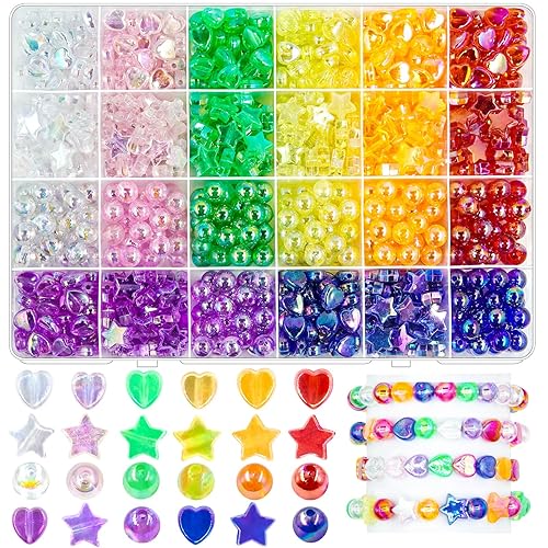 832Pcs Acrylic Star Heart Beads Gradient Round Pastel Beads, AB Colored Love Heart Charms Spacer Loose Beads for DIY Craft Jewelry Making Necklace Bracelet Valentine Christmas Birthday Gifts (C) - C