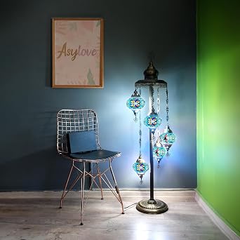 Asylove Turkish Mosaic Lamp Handmade 5 Globe Mosaic Floor Lamp Standing Lamps Floor Lamp for Decorative Lighting Home Designs Turkish Lantern Offer 5 inch Globe - Total Height 52 inch Turquoise