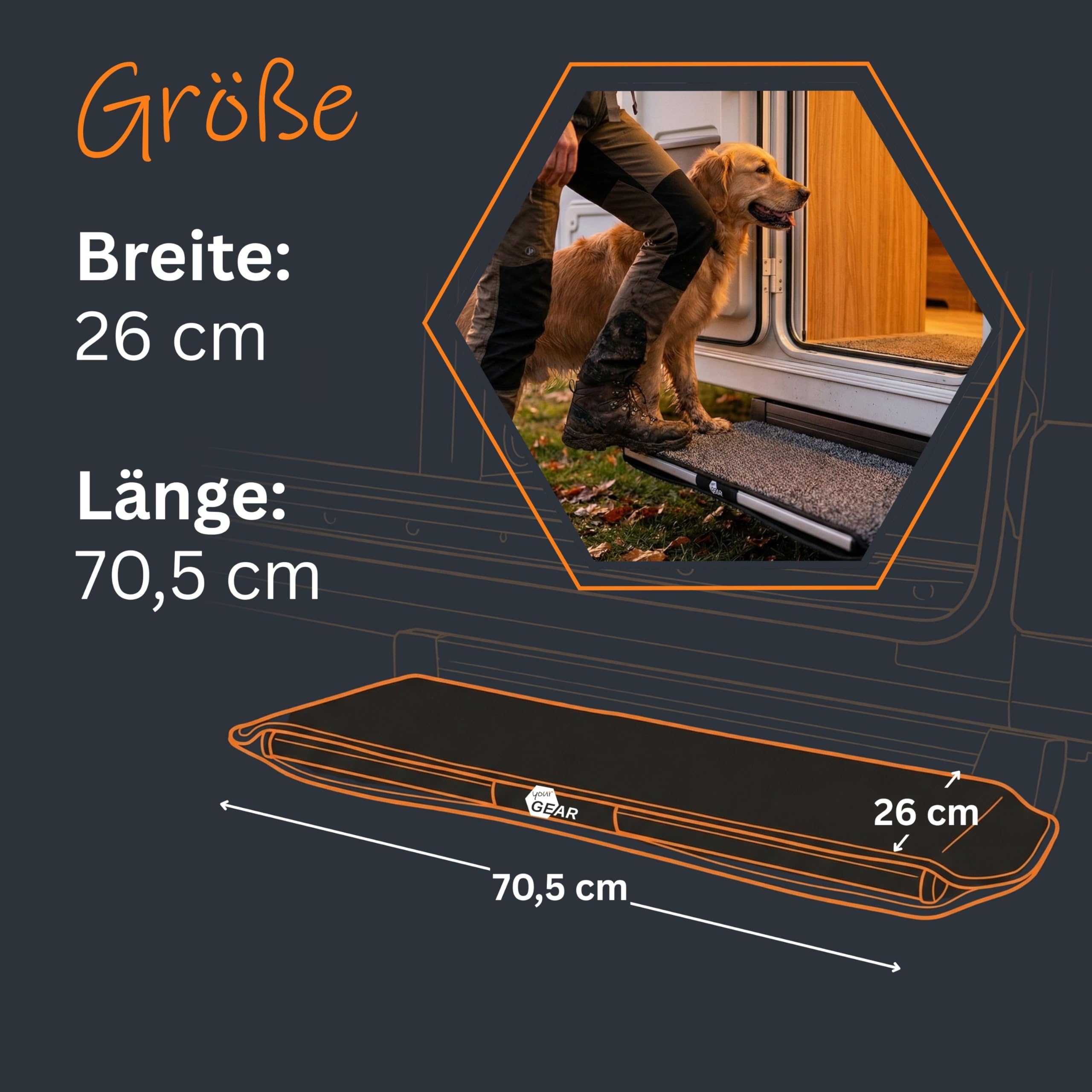 your GEAR Mantua Trittstufenmatte für Wohnmobil & Wohnwagen – Fußmatte für elektrische Stufe 70,5 x 26 cm – Schutzmatte Caravan Stufen-Teppich – rutschfest & Waschbar – Ohne Bohren