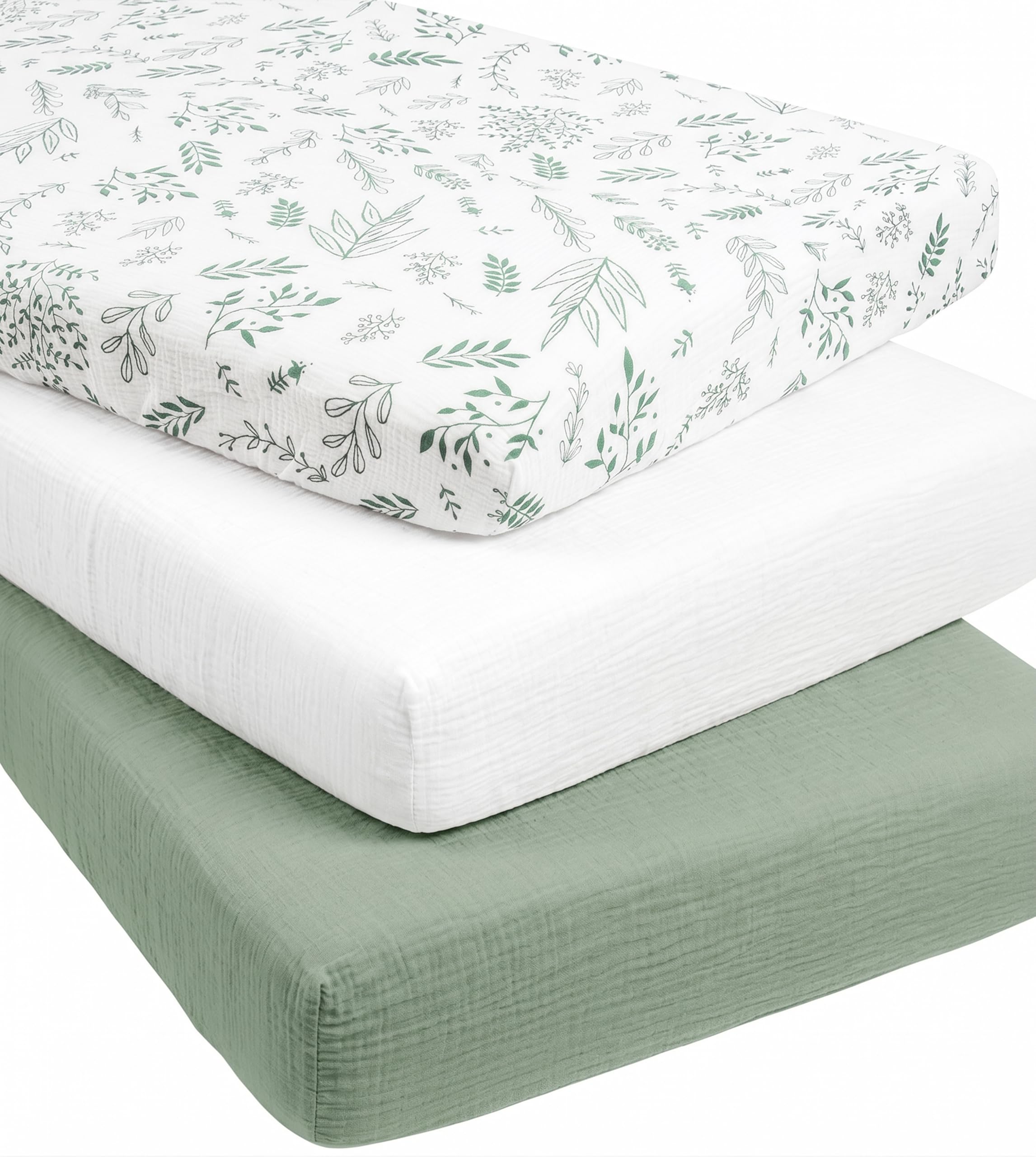 Medi Partners Drap Housse 60x120 Lot de 3 Draps lit Bebe Matelas Enfant Bébé - 100% Coton Fitted Draps Lit pour Baby Bed Cover Sheets Matela literie Mattress Couette(Feuille d'olivier-Blanche-Olive)