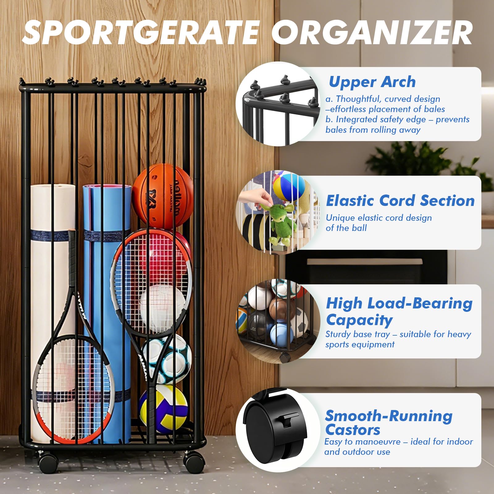 Basketball Aufbewahrungsregal, Vertikale Ball Aufbewahrung Garage, Ballständer mit Rädern & elastische Bänder, Indoor und Outdoor Ballaufbewahrungsregal für Basketball, Fußball, Volleyball, Schläger