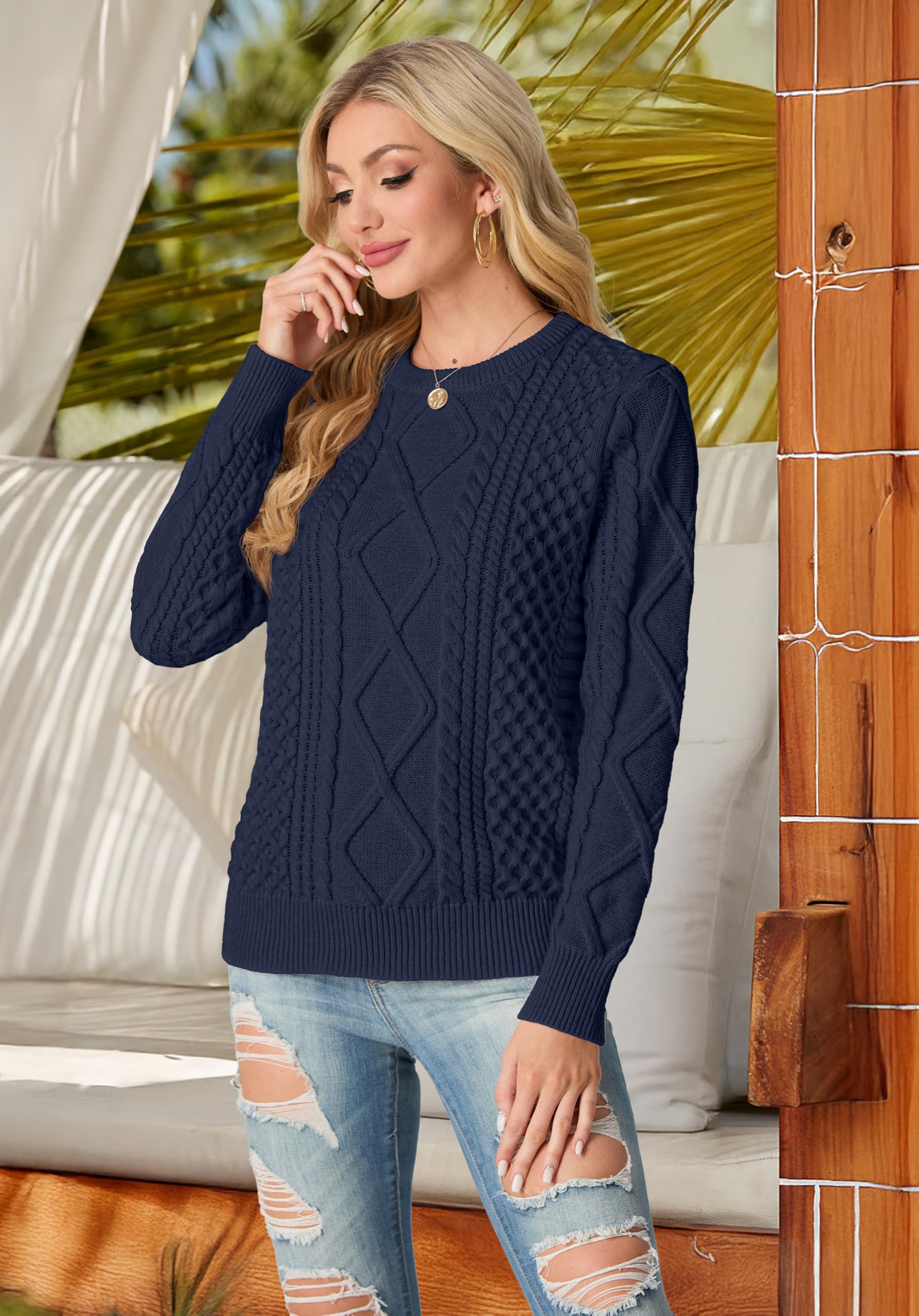 GRECERELLE Pull à col rond en tricot torsadé pour femme - Pull à manches longues pour femme