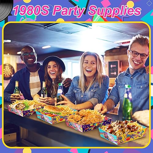 Miniatura 7 de Layhit Paquete de 36 bandejas de papel de neón Rock hippie de los años 80 para fiestas retro de los años 80