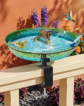 Deck Mounted Bird Bath 11.5" Iridescent Metal Detachable Bowl with Blue Green Gradient Finish Scientifically Designed to Visual Attract Wild Birds Adjustable Clamp for Deck Railing Balcony Yard Garden