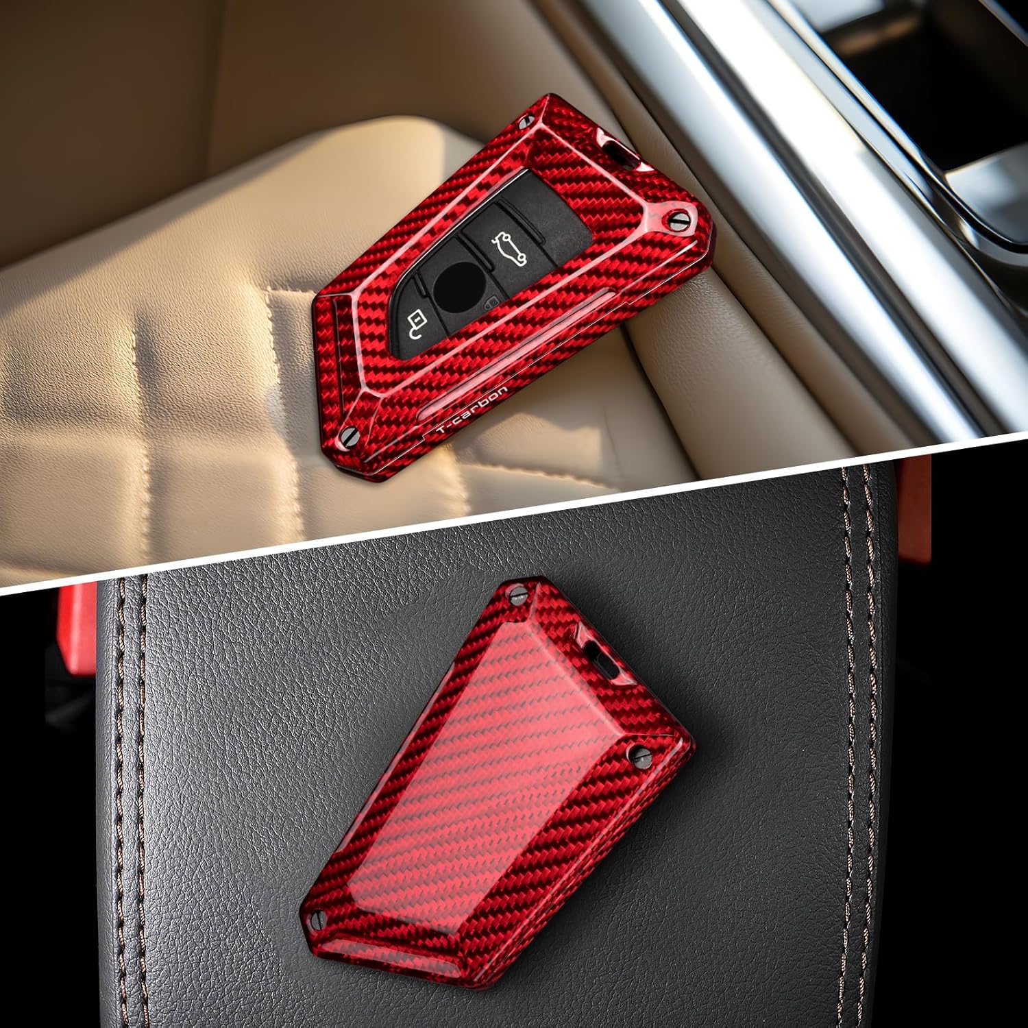 T-carbon Key Fob Cover with Keychain Fits BMW 3 4 5 6 6GT 7 8 Series X1 X2 X3 X4 X5 X6 X7 M3 M4 M5 M8 X3M X4M X5M X6M Z4 2014-2024;Real Glass Fiber Key Fob Case Fits BMW Smart Keyless Accessories Red