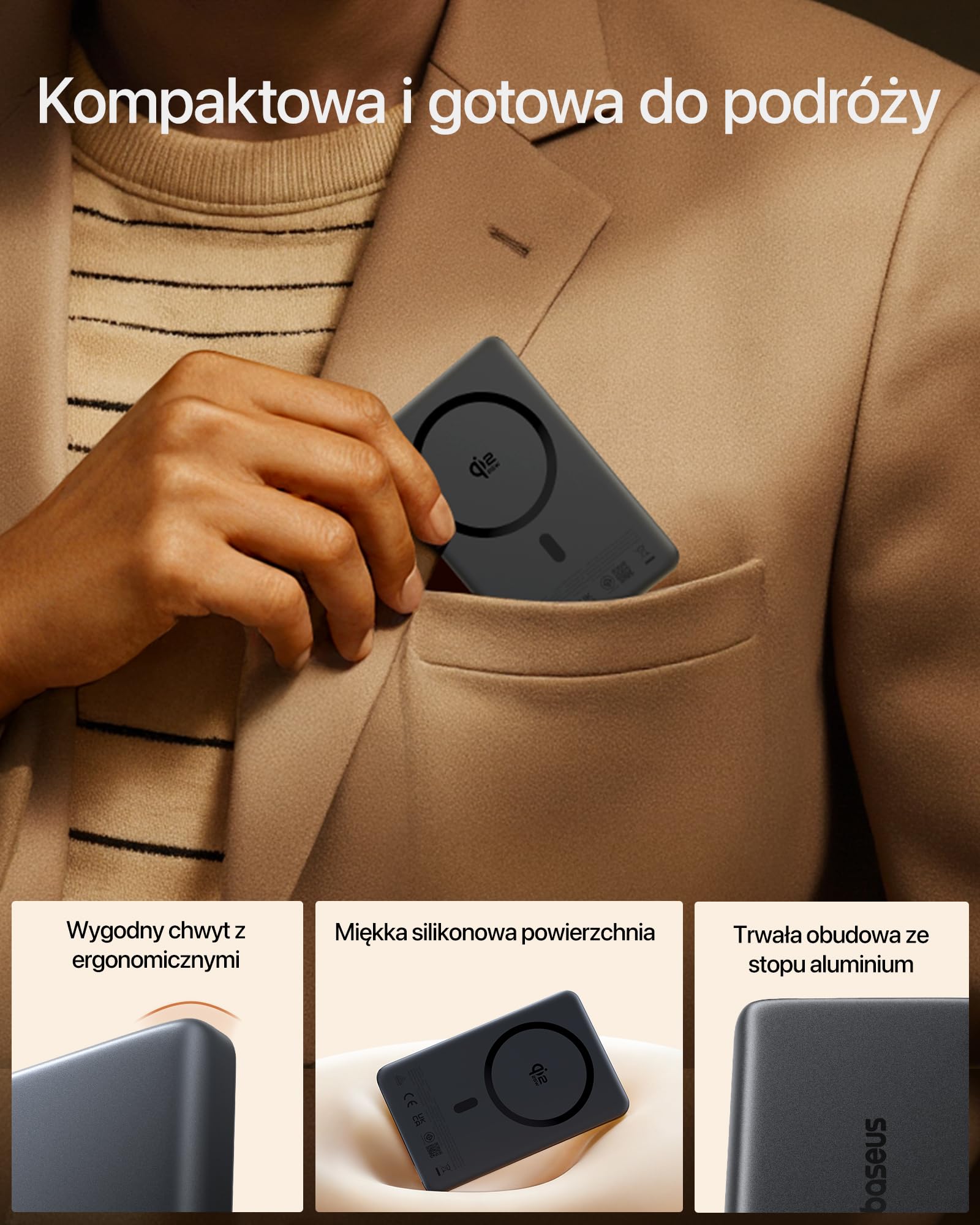 Baseus PicoGo AM52 Power bank, Qi2.2 Magsafe Powerbank 10000 mAh, ultraszybkie ładowanie bezprzewodowe 25 W, szybkie ładowanie PD 45 W, magnetyczna bateria zewnętrzna do iPhone'a 17/16 Pro Max, czarna