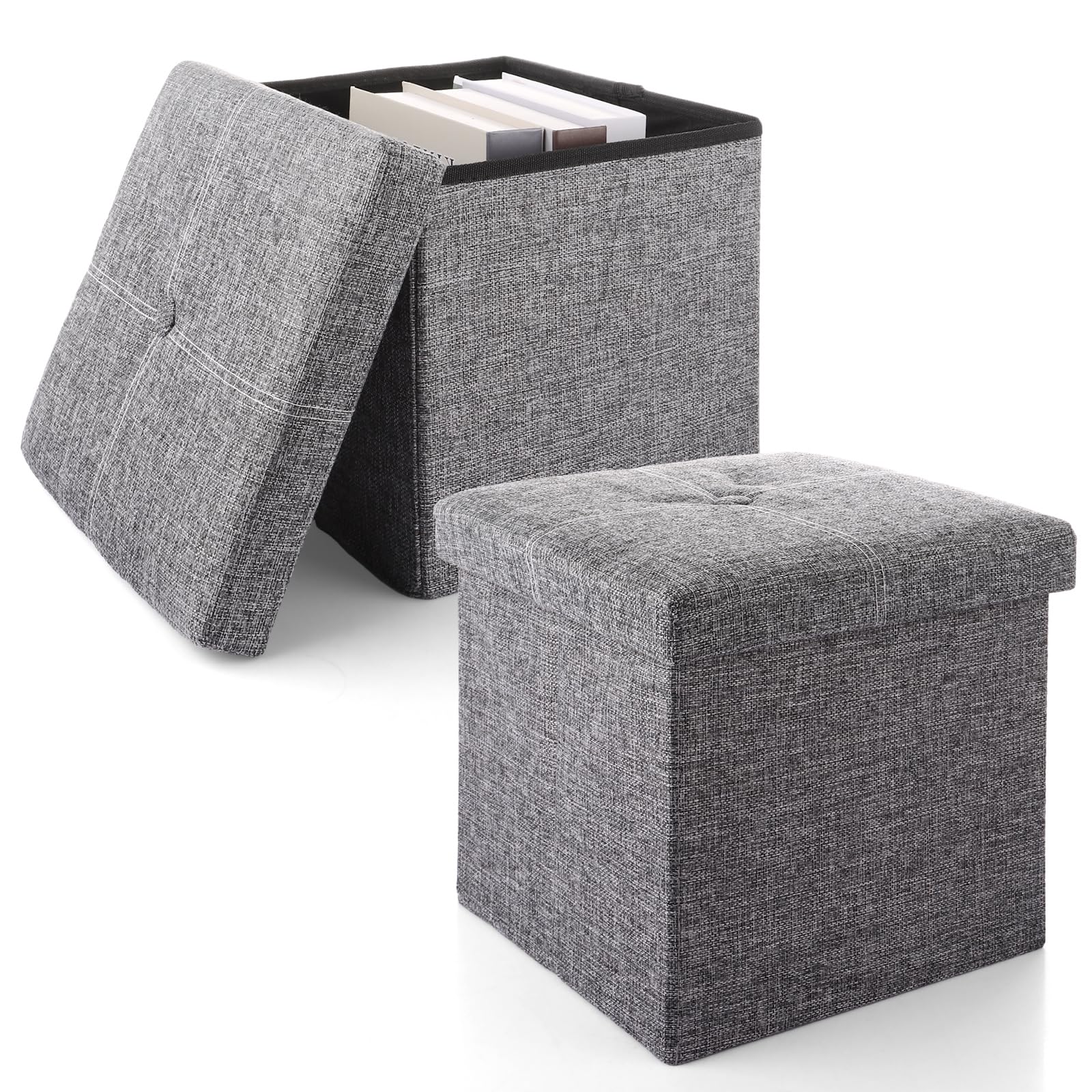 Pouf de rangement gris lot de 2 SENENQU 30x30x30 cm pliable avec couvercle amovible