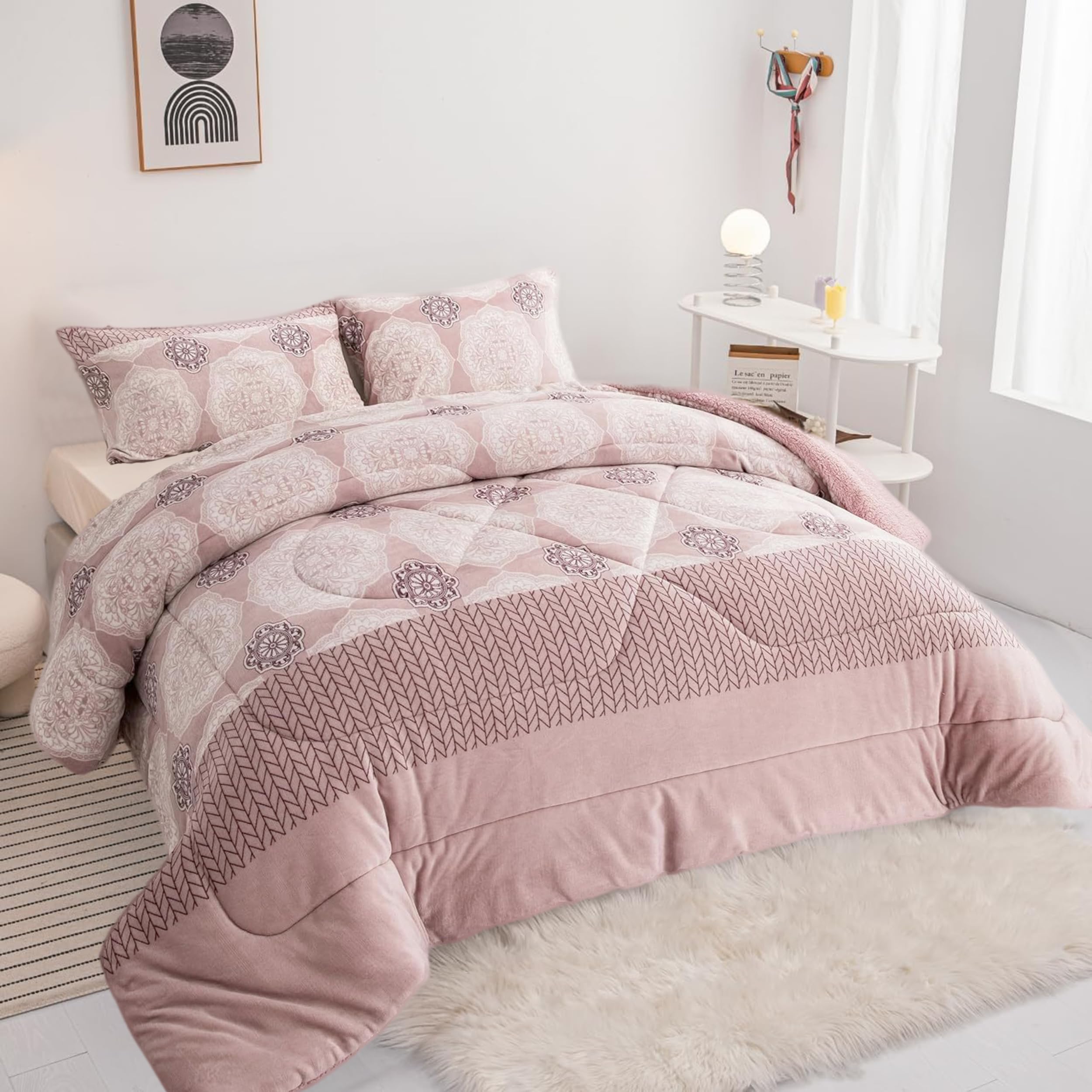 BESCH Edredón Invierno Borreguillo Nórdico 180x240cm para Cama 90/105 con 1 Funda Almohada - Edredón Borrego Sherpa Extra Suave, Cálido, Gruesa - Mandalas Rosa