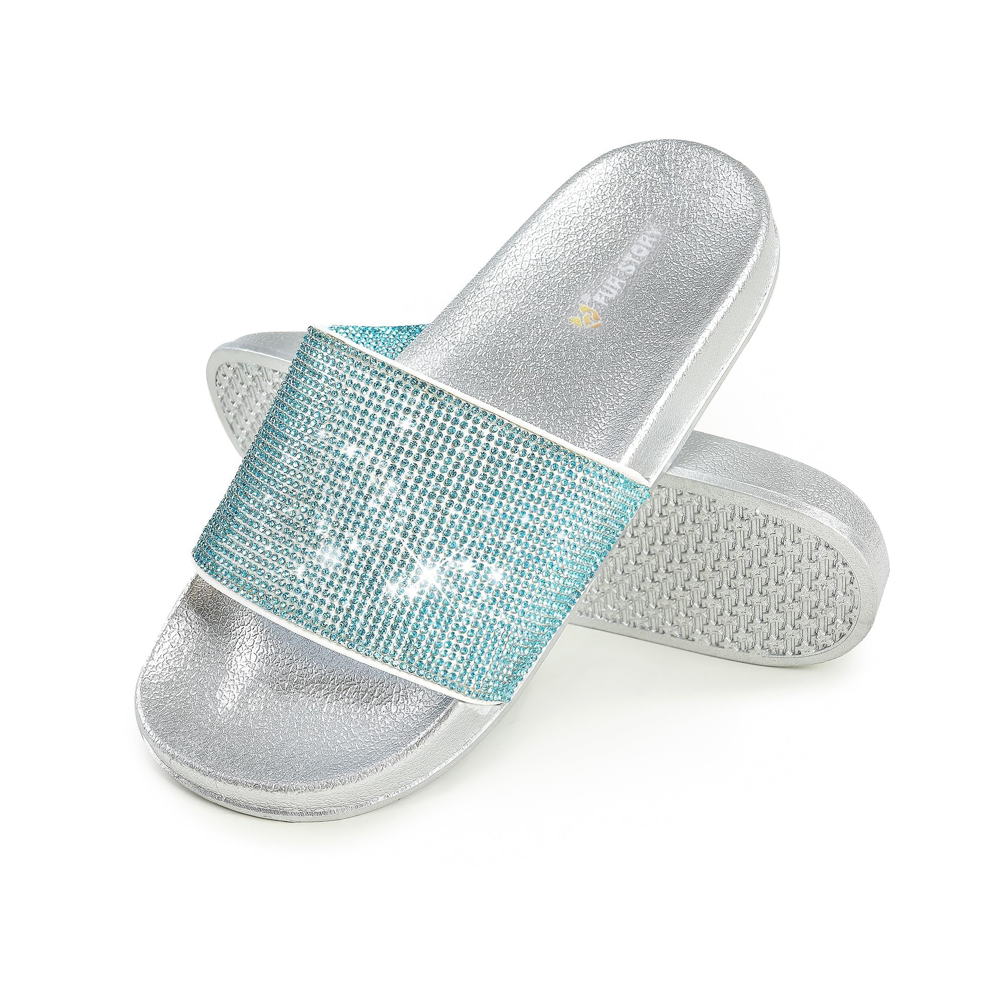 Fur Story Womens Slides House Slippers Rhinestone Glitter Slides Cute bling Flat for Women Platform Sandals Cozy Bedroom Slippers Shower Shoes