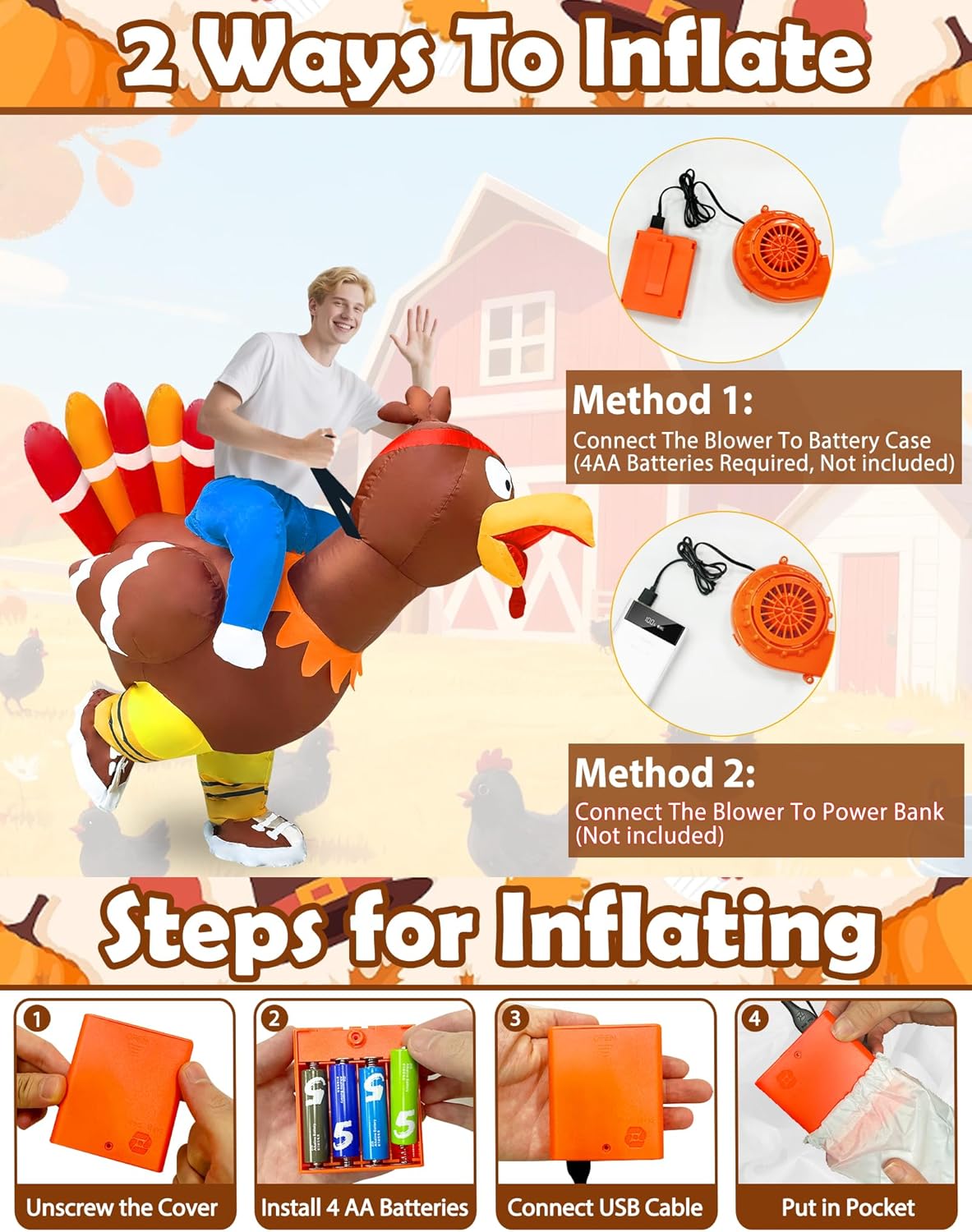 Camlinbo Inflatable Turkey Costume for Adults Thanksgiving Funny Turkey Rider Costumes Built-in Blower Sporty Turkey Trot Inflatable for Men Women Thanksgiving Party Suit Cosplay Parade