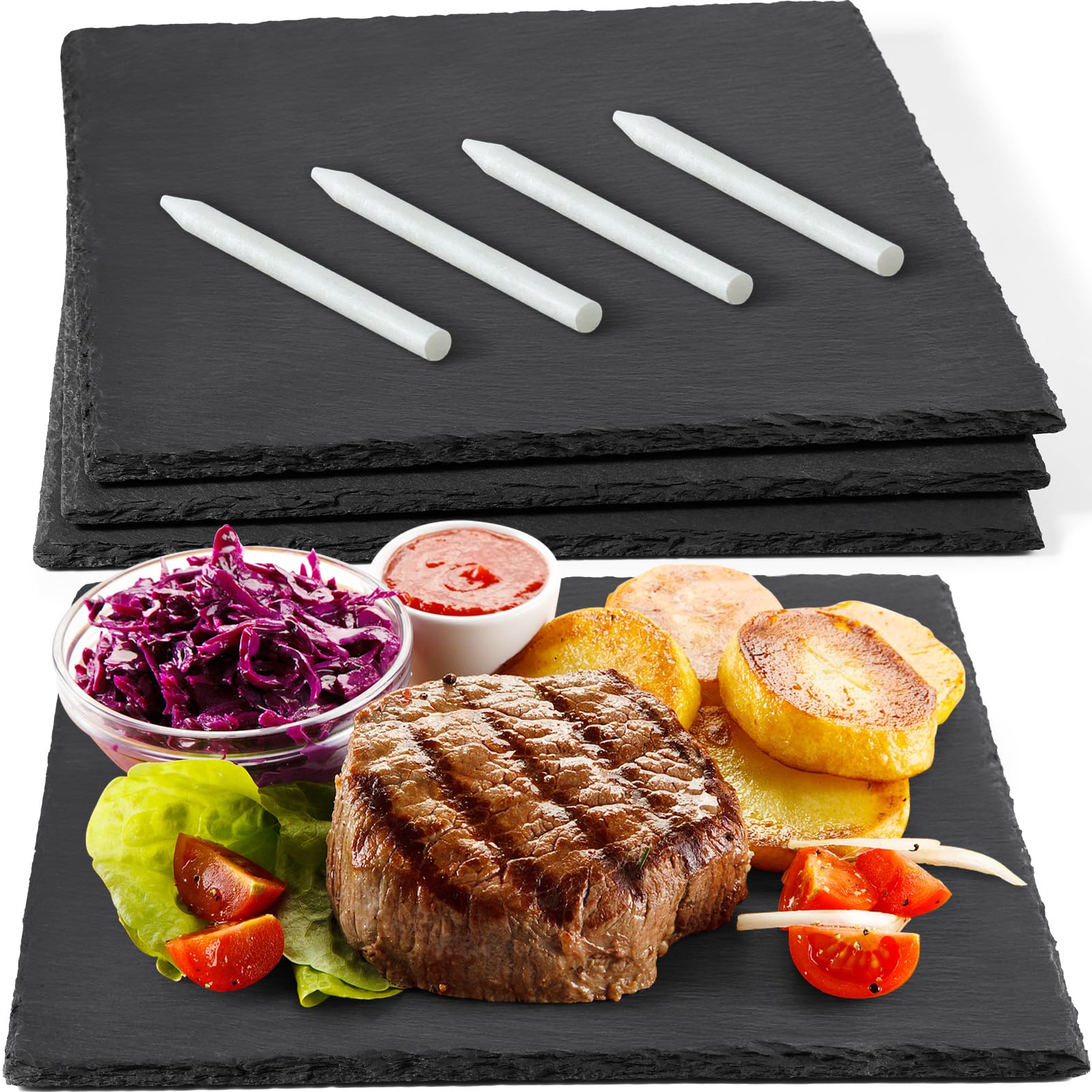 GOH DODD 12x12 Inch Set of 3 Large Slate Cheese Board, Charcuterie Boards Stone Slate Plates, Laser Engraving Blanks for Meat Fruit Appetizers Sussi