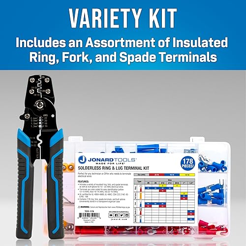 Miniatura 2 de Jonard Tools TCK-178X Kit de terminales de anilloorejeta sin soldadura con empalmes a tope, anillo, horquilla y terminales de pala, y crimpadora de