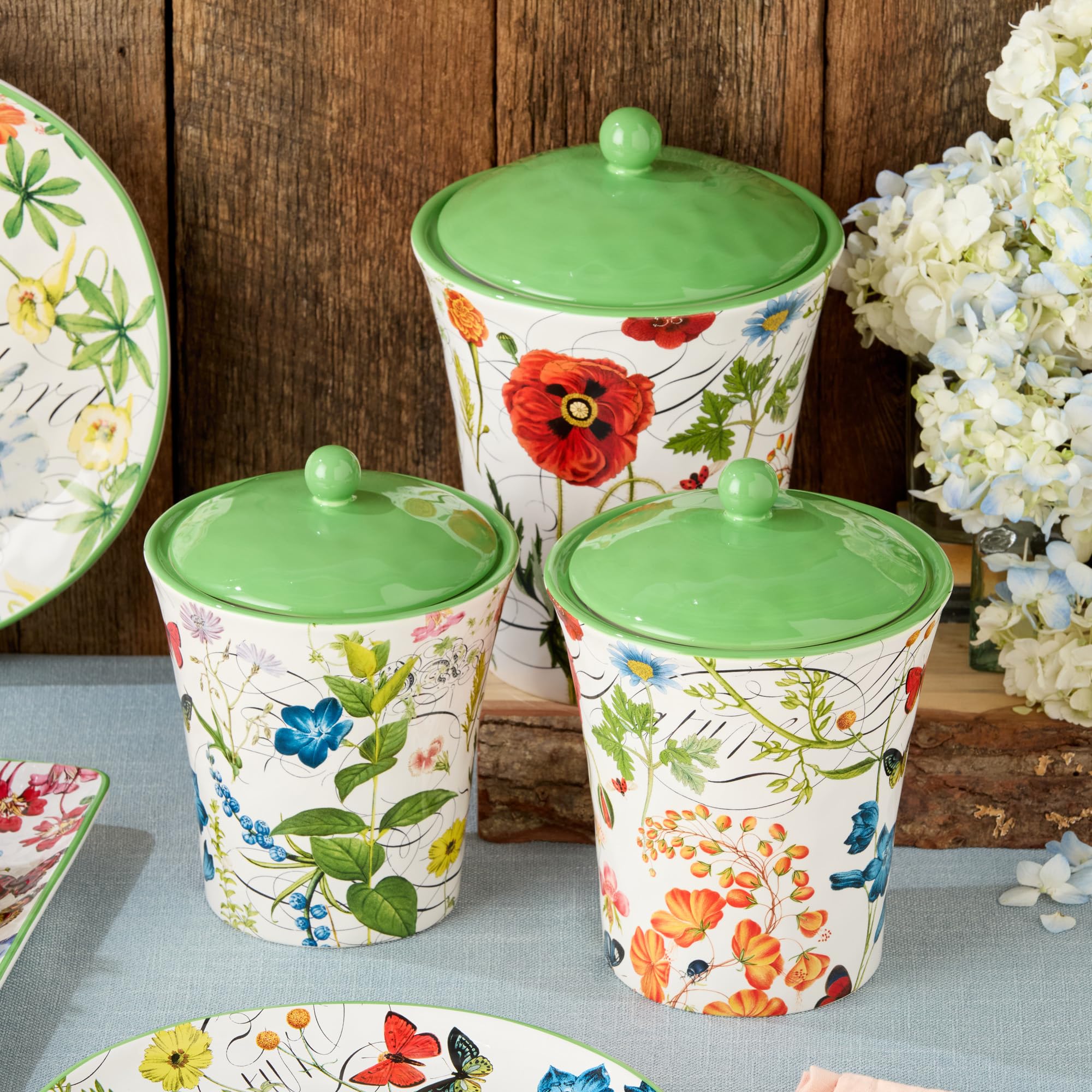 Gewächshaus-Keramikdosen-Set, 3-teilig, enthält 2,7 l, 1,8 l und 1,5 l Größen, luftdichte Deckel, lebendiges Blumenmuster mit Schmetterlingen und Libellen, perfekt für Kaffee, Tee, Zucker und