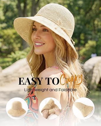 FURTALK Beach Sun Hat for Women Foldable Packable Handmade Straw Hats Sun Protection Floppy Travel Essentials