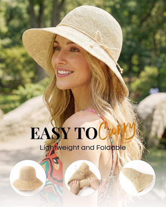 FURTALK Beach Sun Hat for Women Foldable Packable Handmade Straw Hats Sun Protection Floppy Travel Essentials