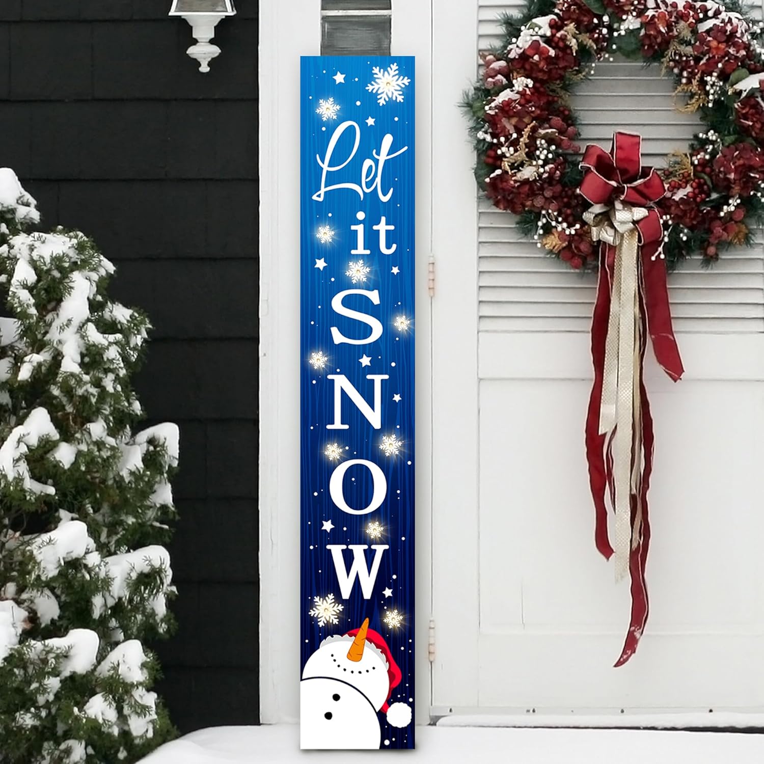 Lighted Wooden Welcome Porch Sign, 47.2"H Let It Snow Merry Christmas Winter Holiday Porch Board Sign for Front Door Farmhouse Outdoor Indoor Welcome Sign Wall Decor