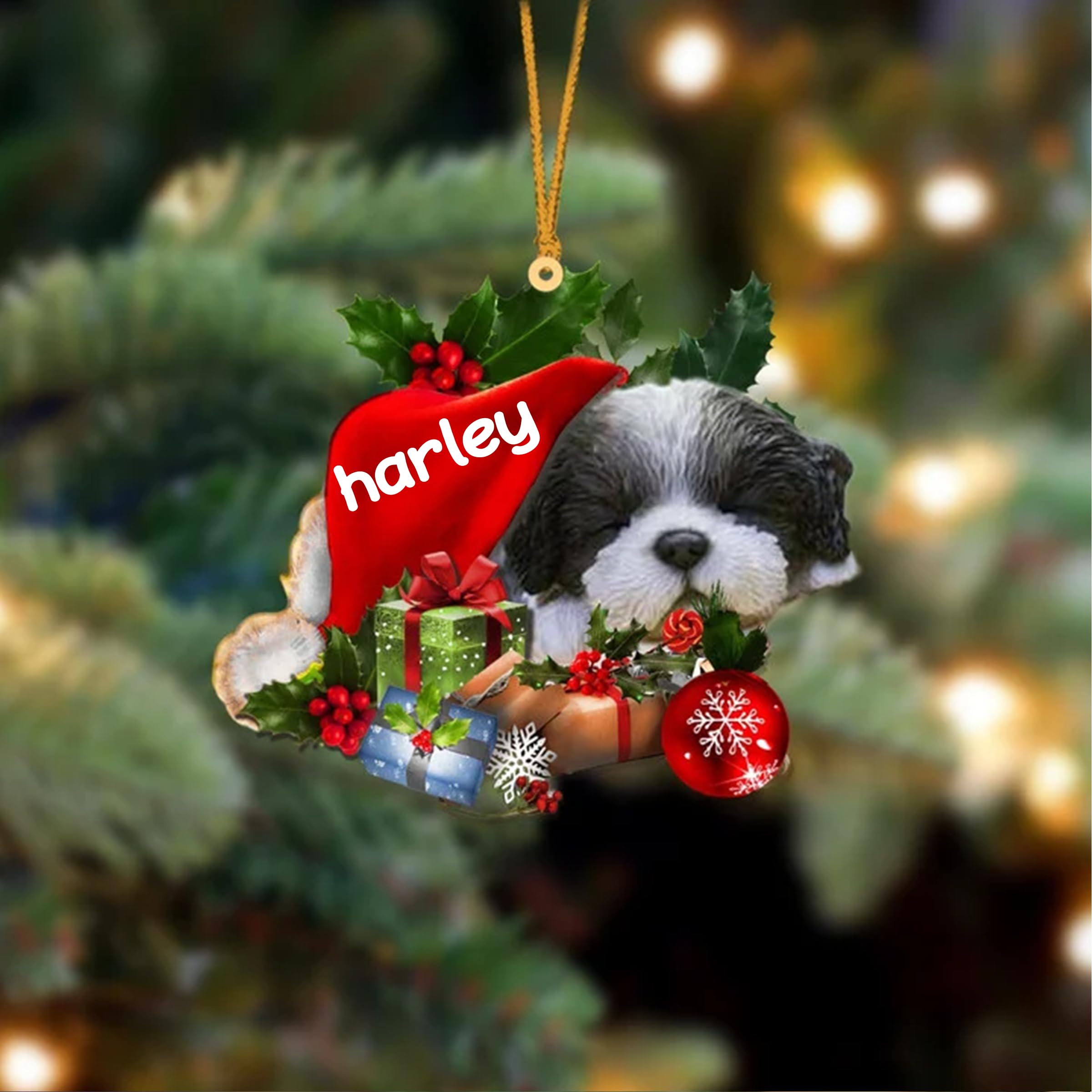 Personalized Acrylic Ornament, Black & White Shih Tzu Sleeping in Hat, Two-Sided Christmas Decor Gift for Dog Lovers
