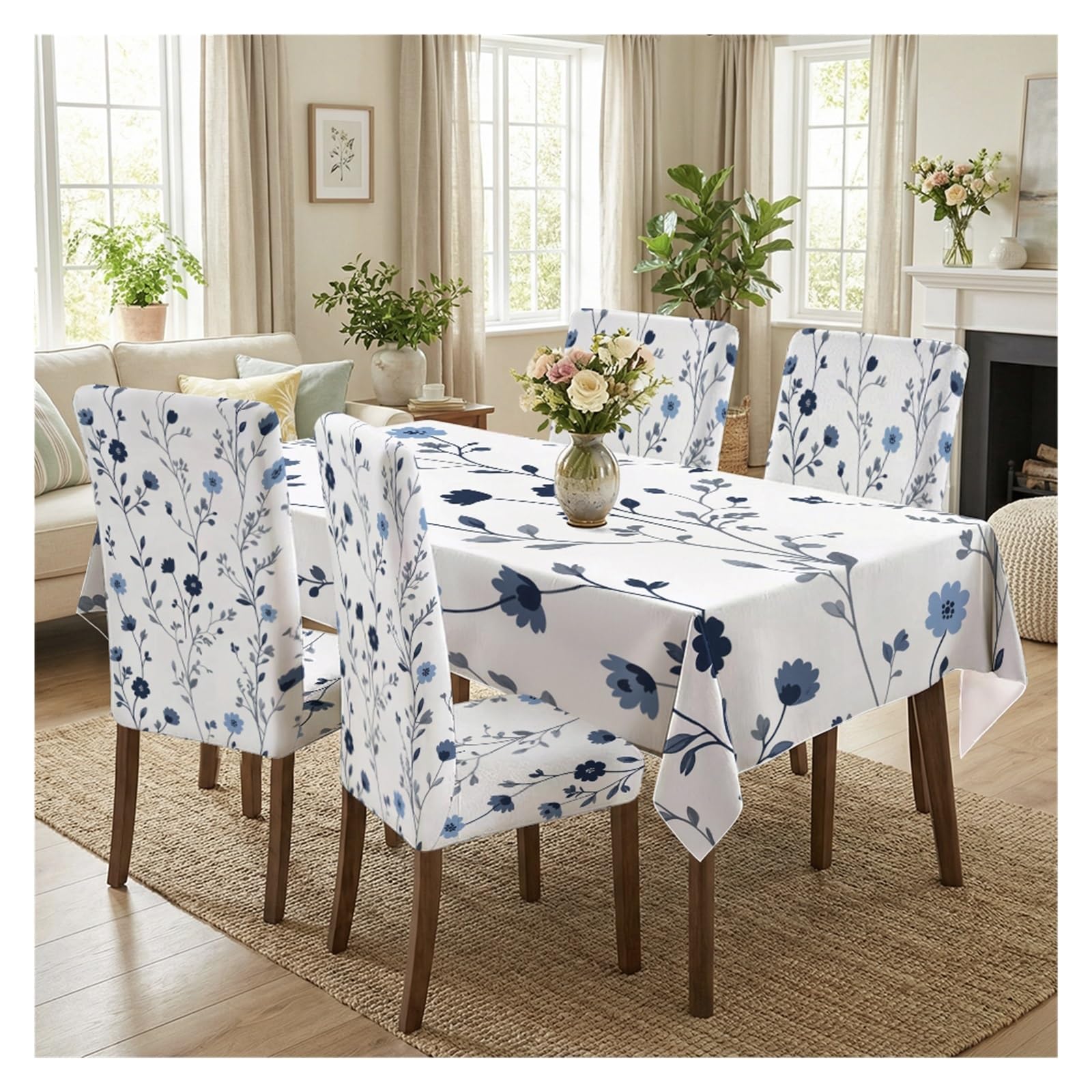 BOSUYBN Blue Floral Vine Print Dining Tablecloth & Chair Cover Set, 5/7 Piece Botanical Slipcovers For Dining Kitchen Home Table Setting(5pcs Set: Tablecloth+Chair Covers)