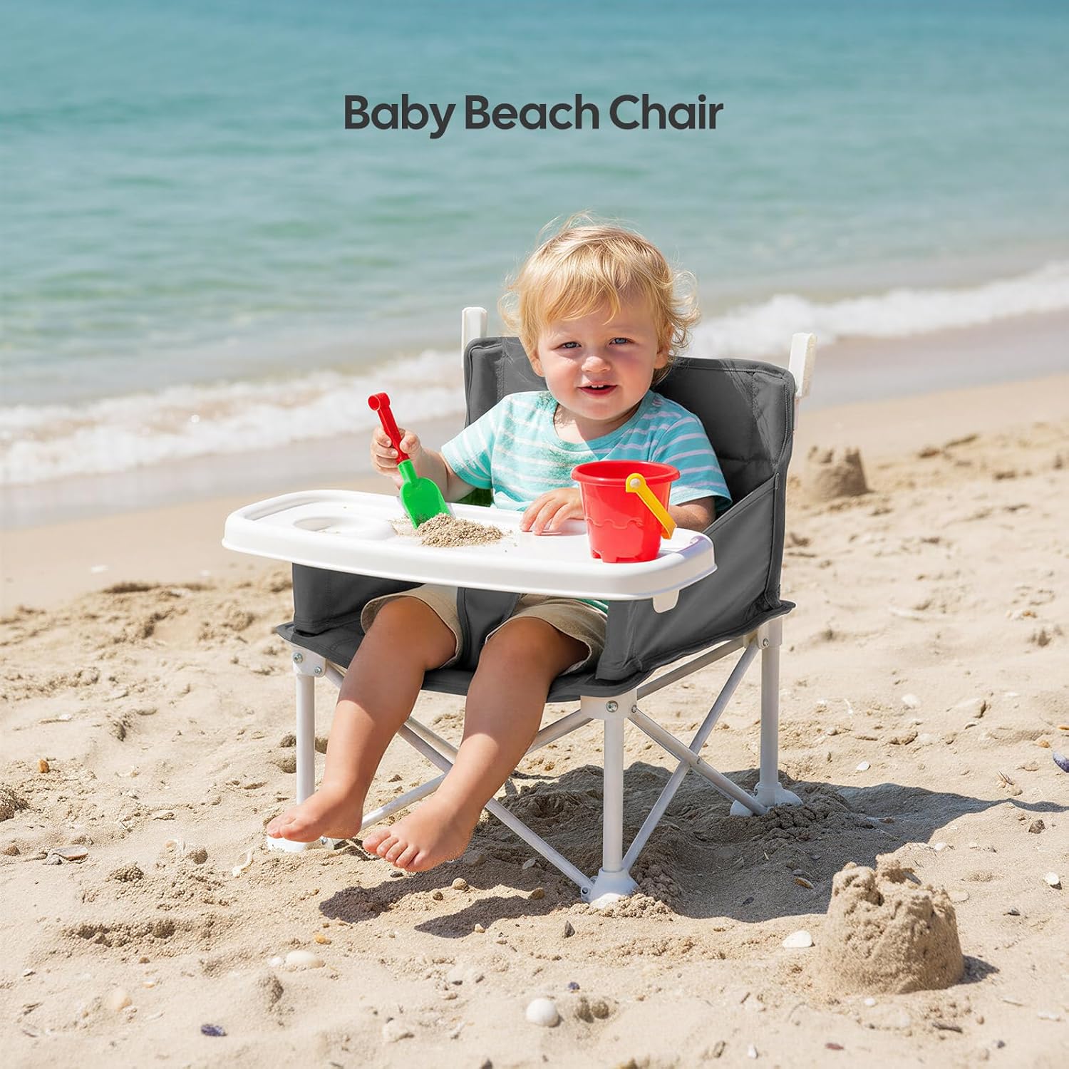 Cochildor 4-in-1 Portable Baby Chair, Foldable Toddler Booster Seat with Removable Tray, Canopy & Safety Harness, Gray