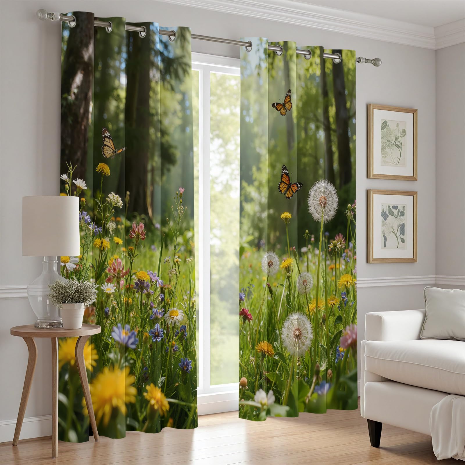 Blumenwiese Vorhang mit Ösen 2er Set, Bunt Wildblumen Schmetterling Gardinen Wohnzimmer 225x70 cm, Natur Pflanzen Floral Verdunkelungsvorhange Blickdicht Schlafzimmer Thermo Schallschutz Curtain