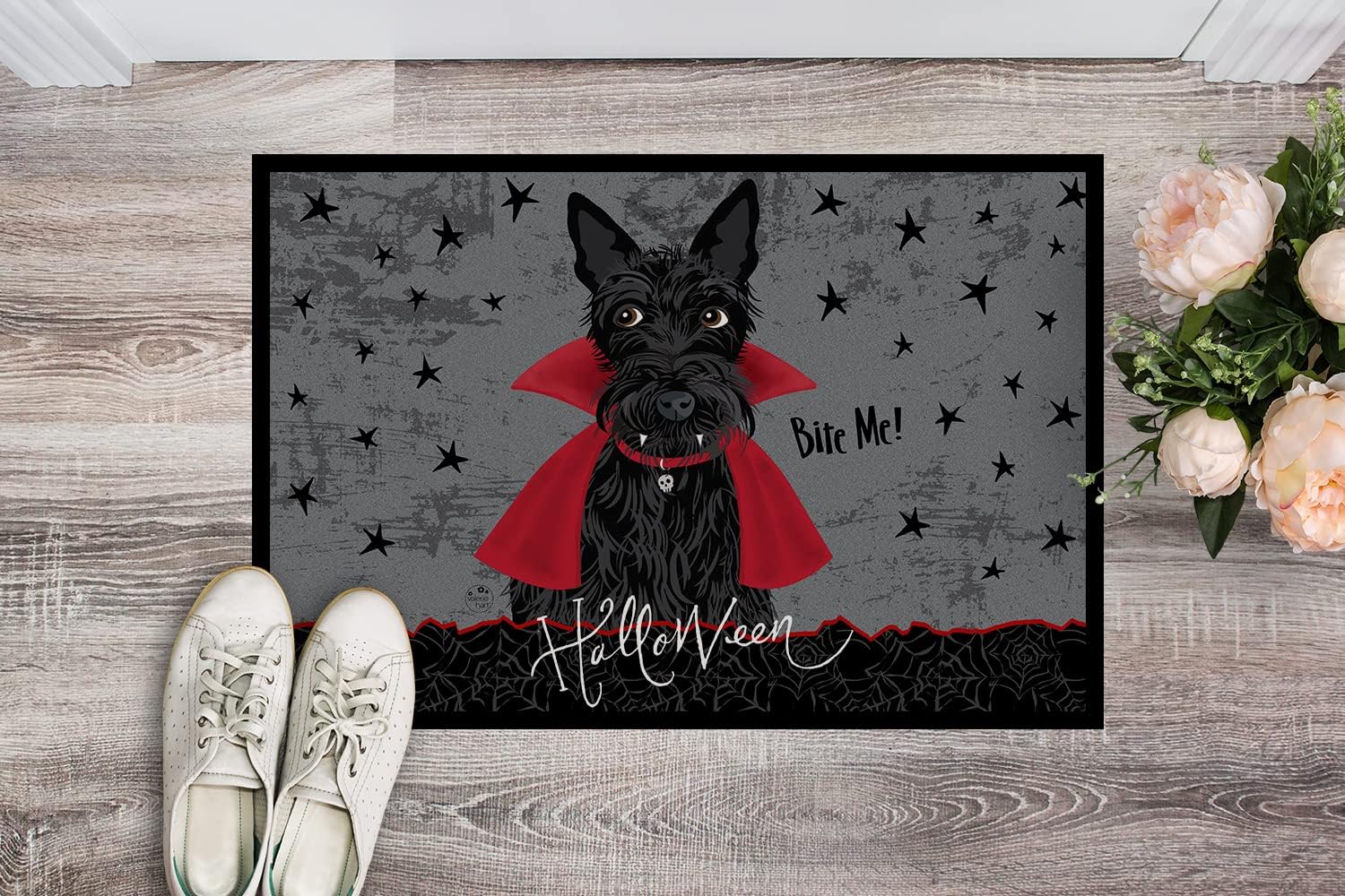 Caroline's Treasures VHA3037MAT Halloween Vampire Scottie Doormat 18x27 Front Door Mat Indoor Outdoor Rugs for Entryway, Non Slip Washable Low Pile, 18H X 27W