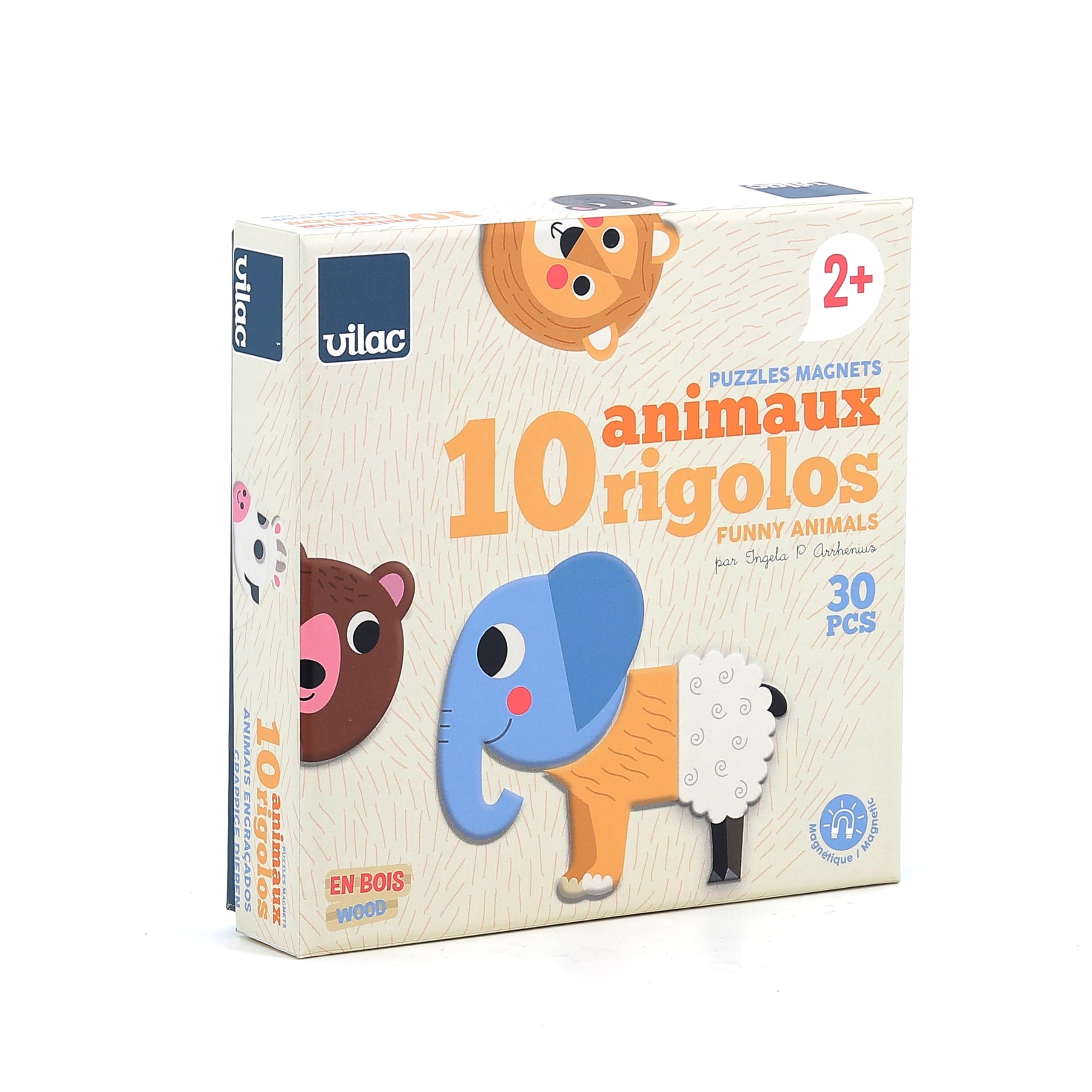 VILAC - Magneti divertenti - Ingela P. Arrhenius - Giochi creativi - 30 magneti in legno per 10 animali + 1 scatola di cartone - Giocattolo in legno - a partire dai 2 anni - 7624