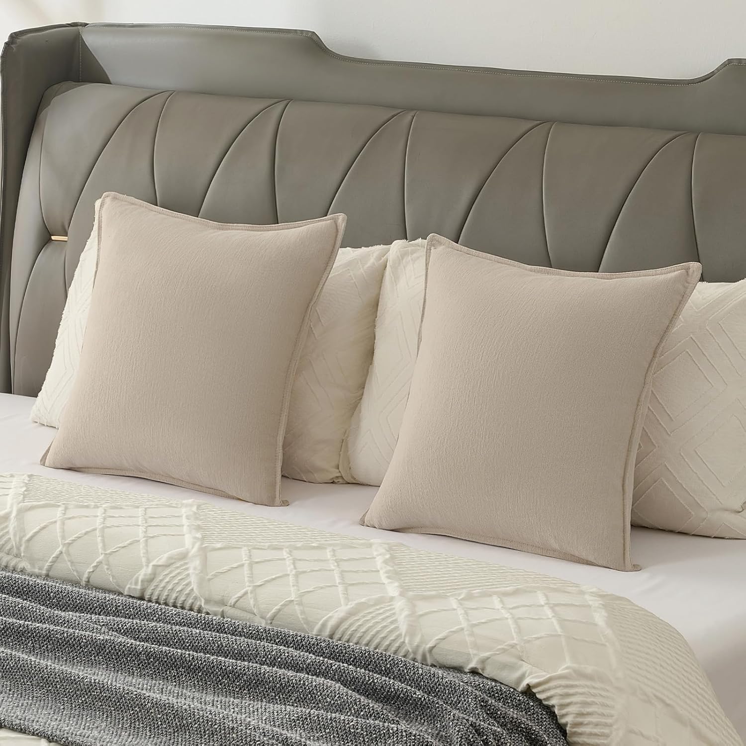 FUTEI Beige Chenille Throw Pillow Covers 18x18 Inch Set of 2,Edges Double-Stitched Cushion Cases,Modern Home Decor for Couch Living Room