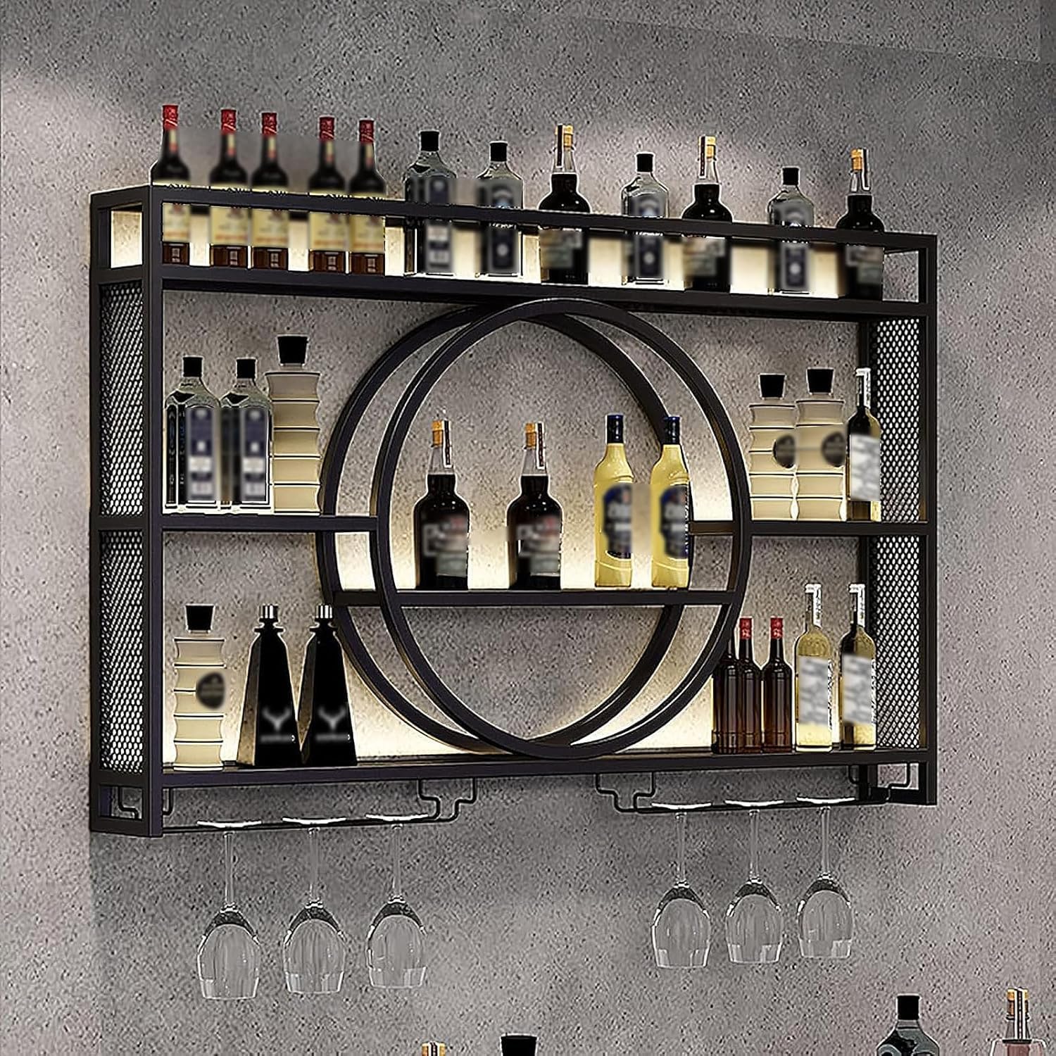 Porte Bouteille Mural, MéTal Etagere Vin avec Porte-Verre, Moderne Flottantes en Casier à Bouteilles, Polyvalentes EtagèRe Murale, Casier à Vin pour Cuisines Salle à Manger Bar (Noir,100x15x80cm)