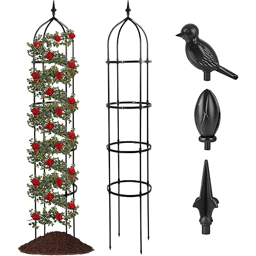 1 Pack Garden Obelisk Trellis for Climbing Plants Outdoor, 6FT Adjustable Metal Plant Support with 3 Decorative Tops, Black Rustproof Trellis for Roses, Tomatoes, Clematis & Vines