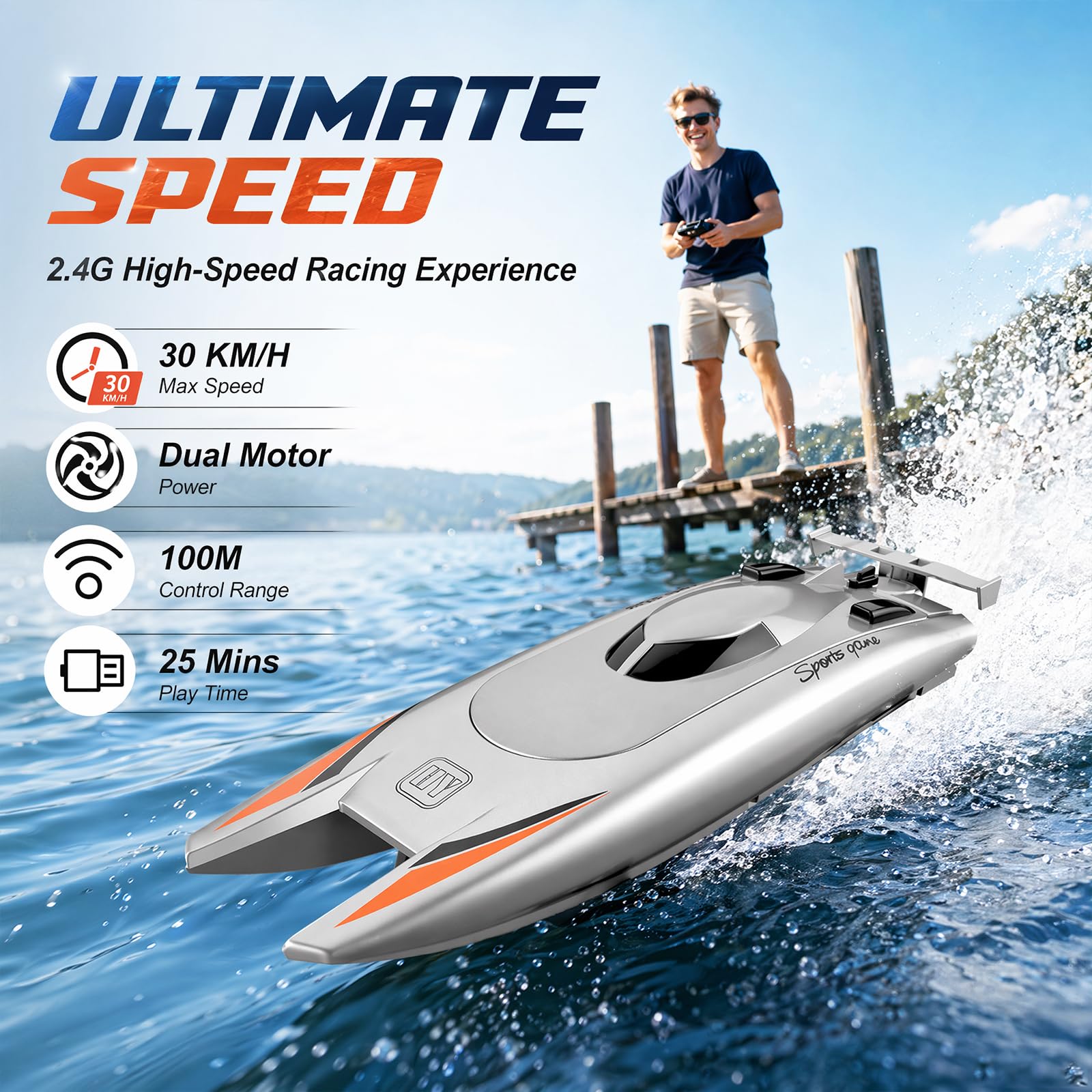 Ferngesteuertes Boot für Kinder und Erwachsene, 15+ MPH Hochgeschwindigkeits-Rennboot mit Dual-Motor, RC-Boote, 25 km/h, Hochgeschwindigkeits-Rennboot, 2 Kanäle für Pools oder Seen (Silber)