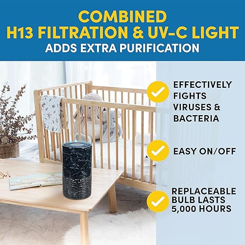 Miniatura 4 de Veva Purificador de aire circular negro, compacto y moderno con luz UV-C, filtro HEPA, 3 ajustes de velocidad, luz suave, cobertura de 220 pies