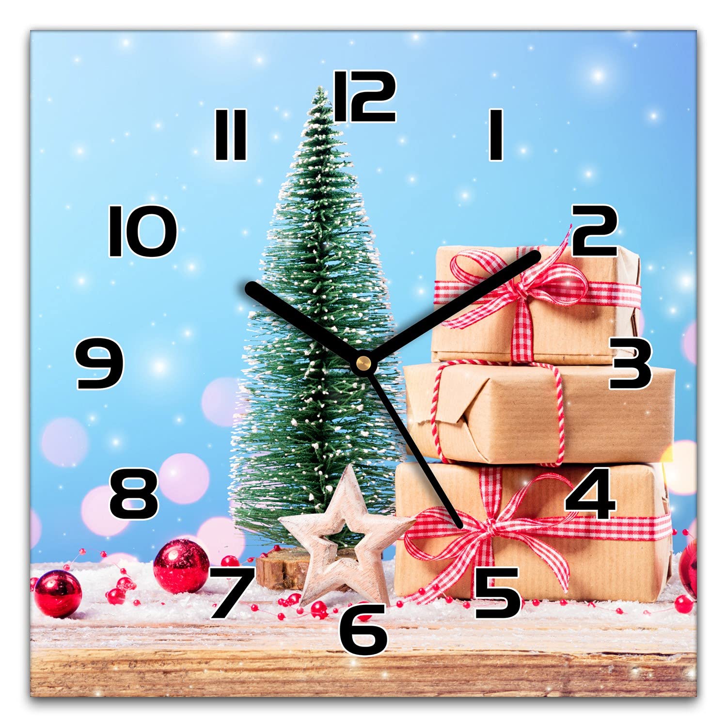 Horloge murale Noël cuisine en verre 30x30 cm avec étoiles et cadeaux