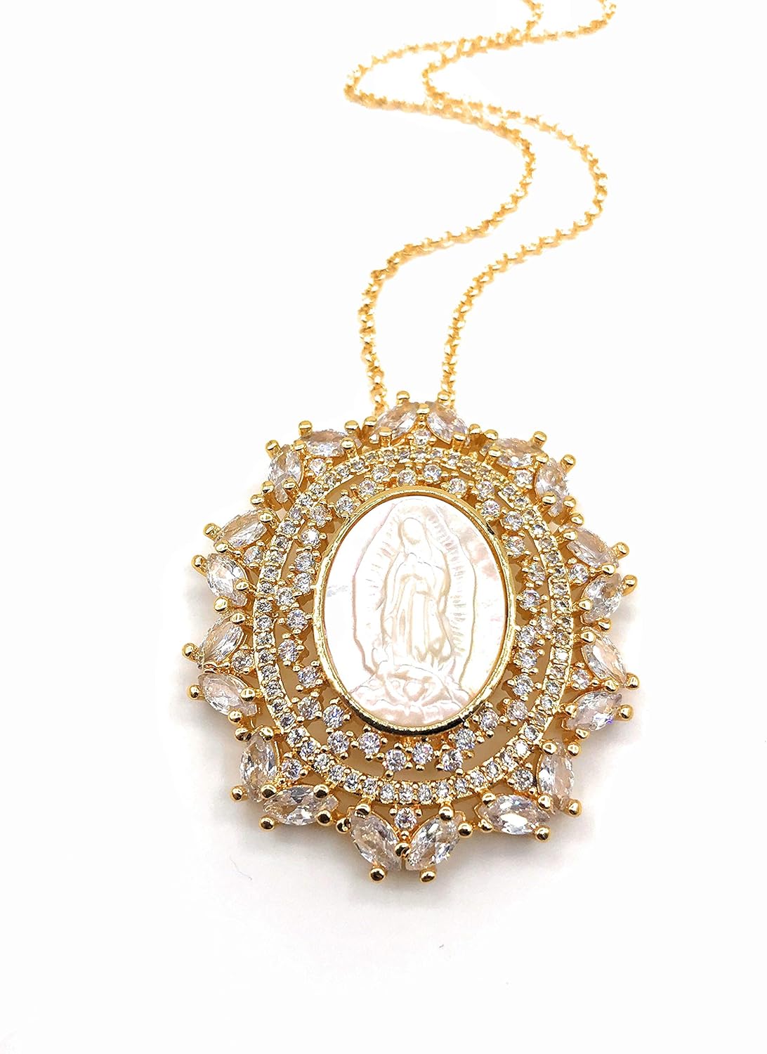 LESLIE BOULES Gold Guadalupe Medallion Pendant Necklace for Women 18K Plated Chain Religious Gift