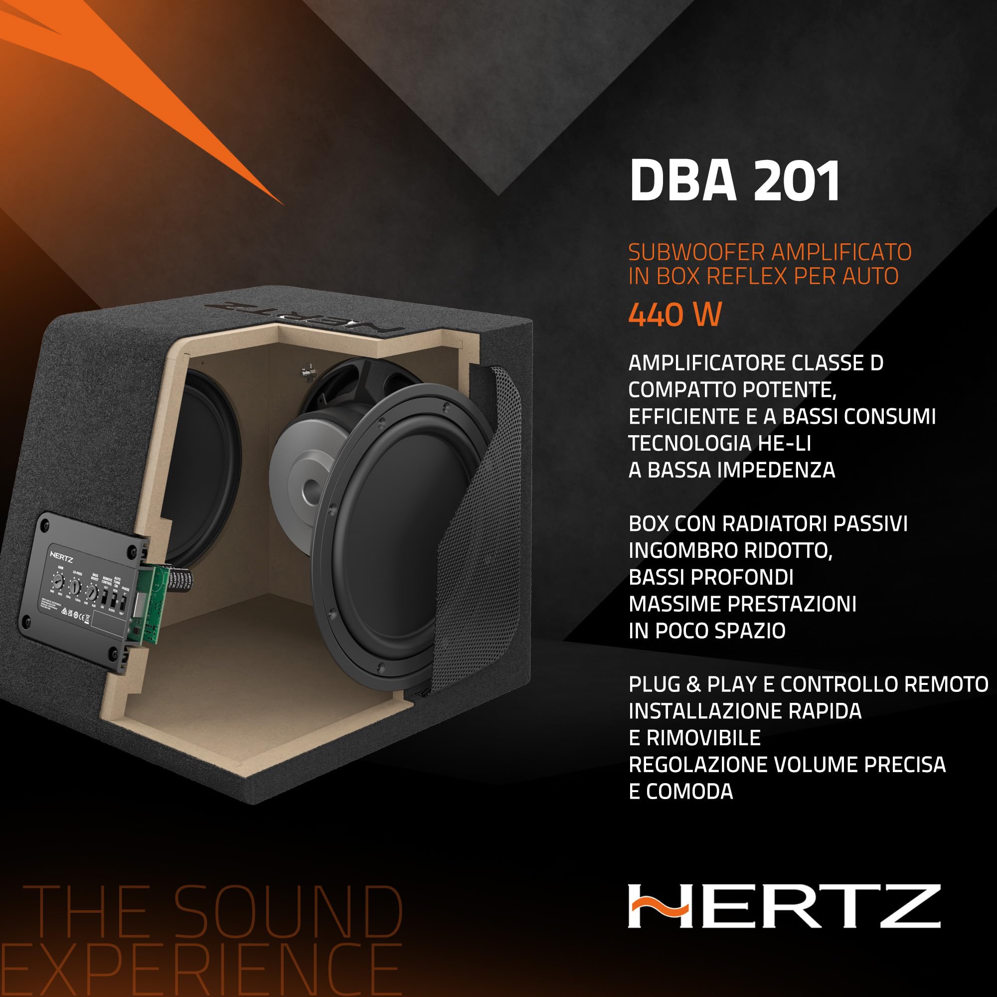 Hertz DBA 201 – Subwoofer amplificato da 200mm in box reflex per auto, 440W Peak, amplificatore integrato classe AB con filtro passa-basso e bass boost regolabile. Controllo remoto incluso.