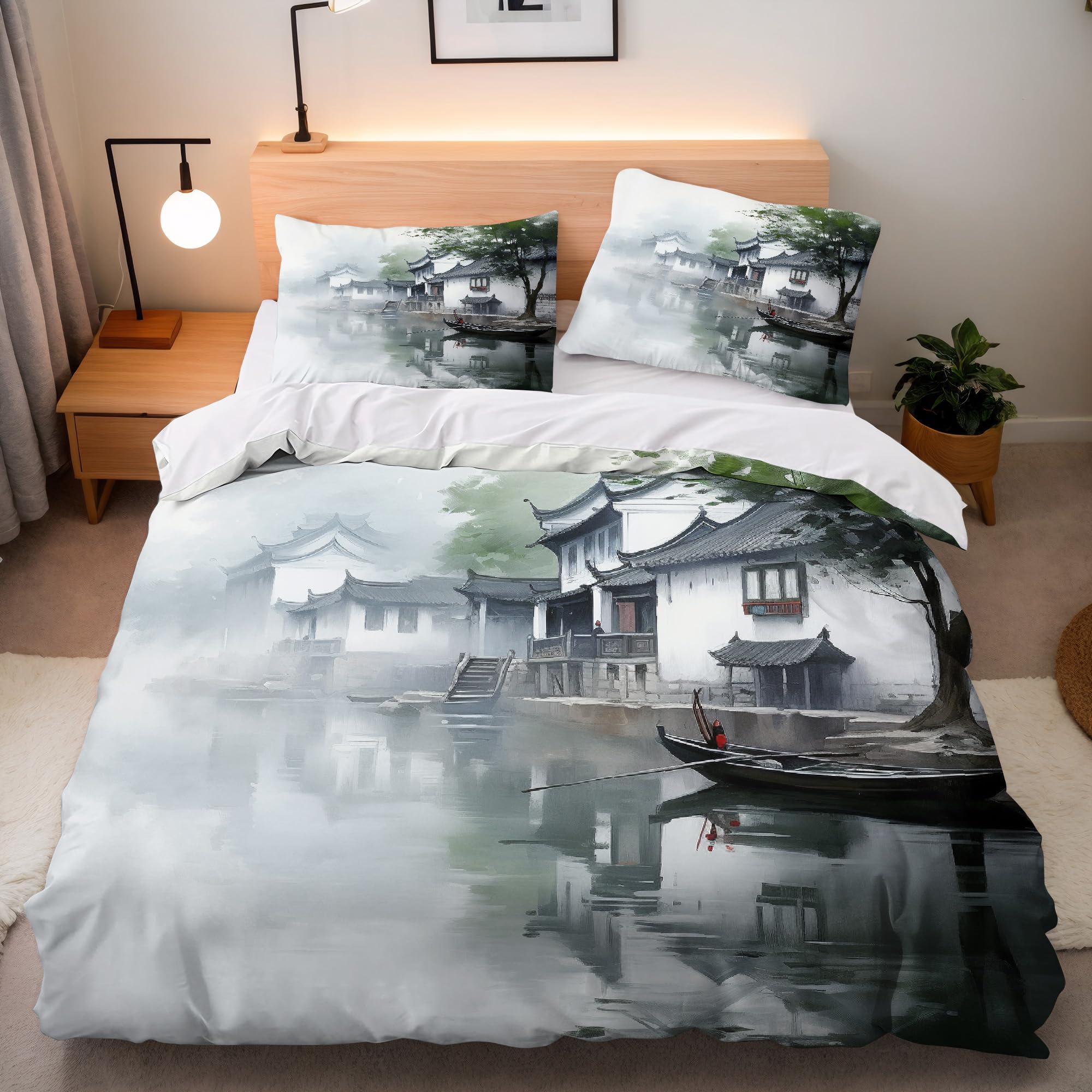 Duvet Cover Single Size Village Ancient Buildings Bedding Set Soft Comforter Microfiber With 2 Pillowcases 50x75cm Landscape Hand-painted 3D Printed Quilt Cover With Zipper Closure For Kids Aldult