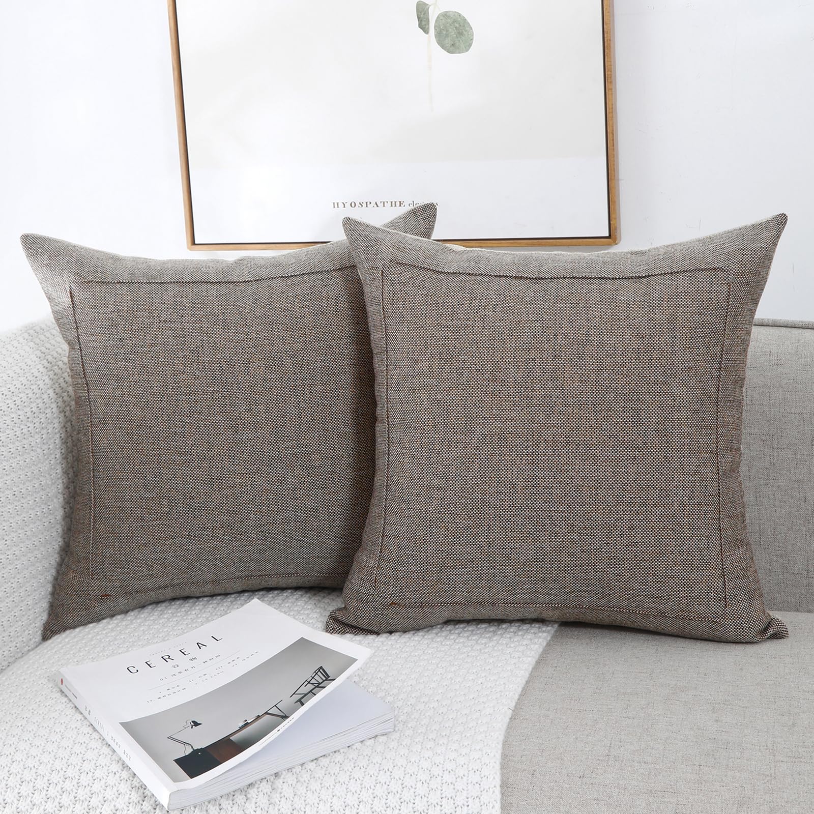 Jepeak 16x16 Inch Burlap Linen Throw Pillow Covers, Pack of 2 Decorative Farmhouse Rustic Neutral Pillow Cases Square Durable Cushion Cover for Sofa Couch Bed Home Decor, Light Coffee+Beige