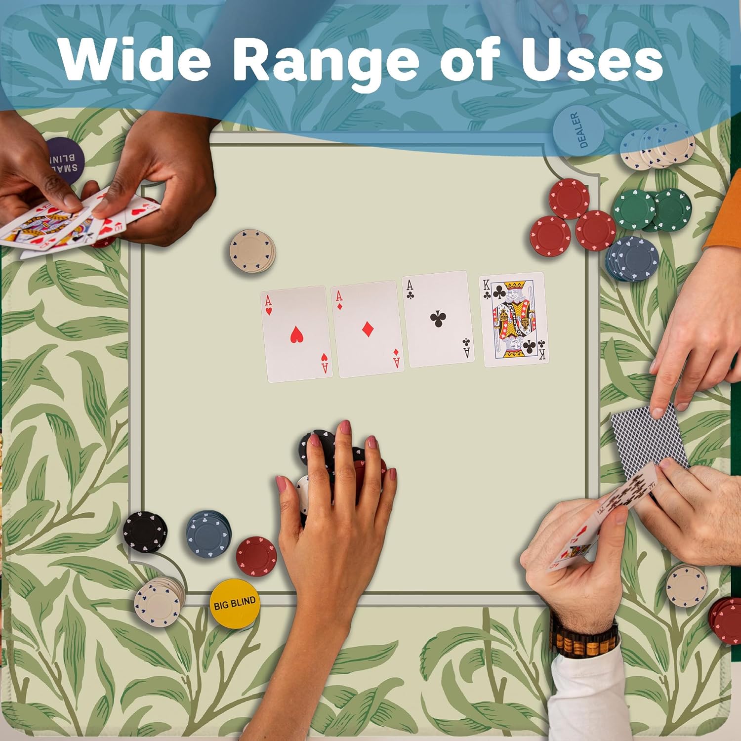 Green Leaf Mahjong Mat for Table 31.5 X 31.5 in, Gifts for Mahjong Players, Vintage Green Botanical Anti-Slip Table Cover Tablecloth for Poker Board Card Tile Game Dominoes