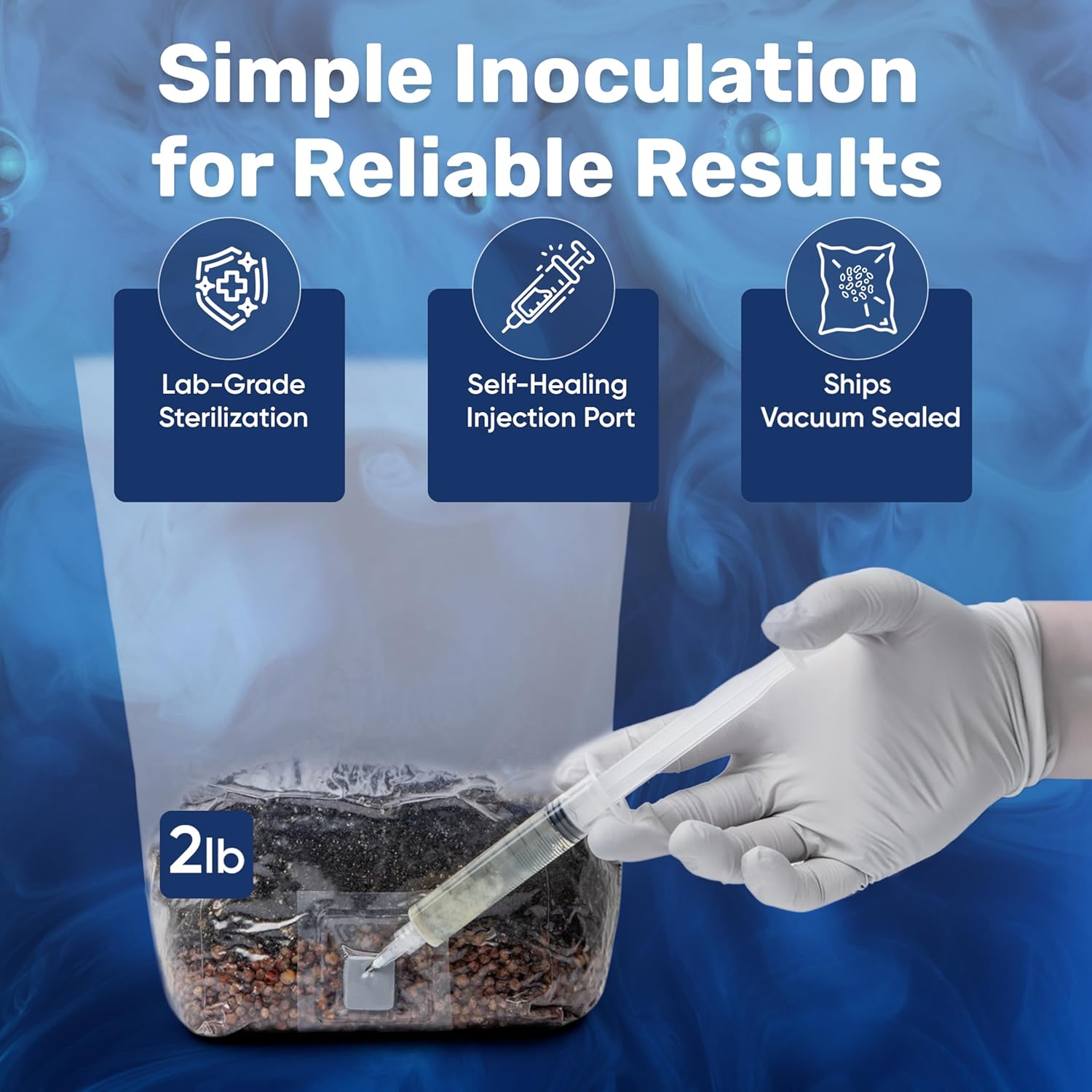 2 LB All-in-One Mushroom Grow Bag, Up to 21oz of Fresh Mushrooms Over 3 Flushes, Sterilized Grain & Dung-Loving Substrate, Injection Port, OMRI-Listed, Made in USA, Just Add Spores